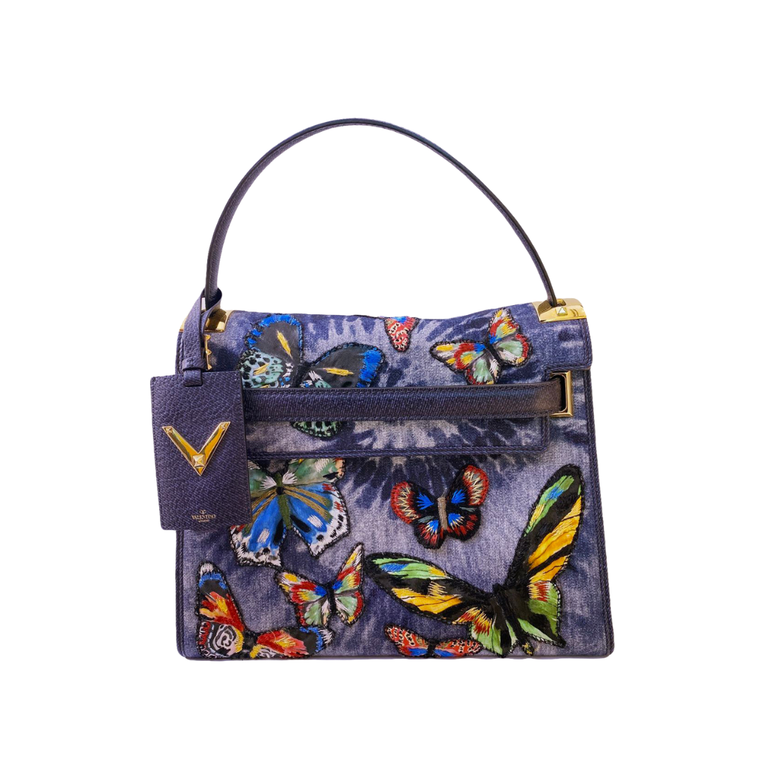 VALENTINO - DENIM BUTTERFLY EMBROIDERY MYROCKSTUD BAG BL-L977DTA2 My Store
