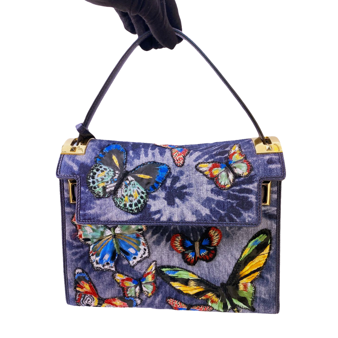 VALENTINO - DENIM BUTTERFLY EMBROIDERY MYROCKSTUD BAG BL-L977DTA2 My Store