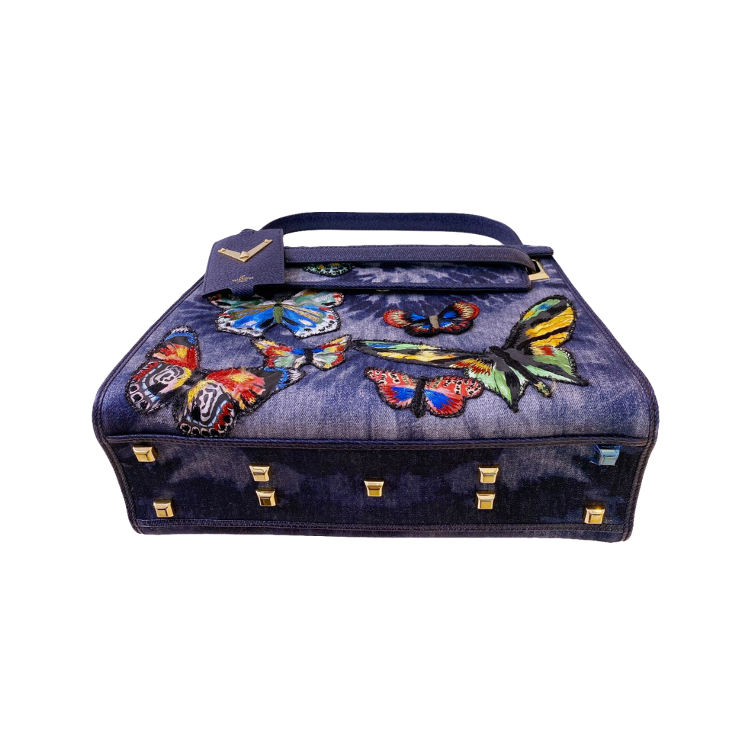 VALENTINO - DENIM BUTTERFLY EMBROIDERY MYROCKSTUD BAG BL-L977DTA2 My Store