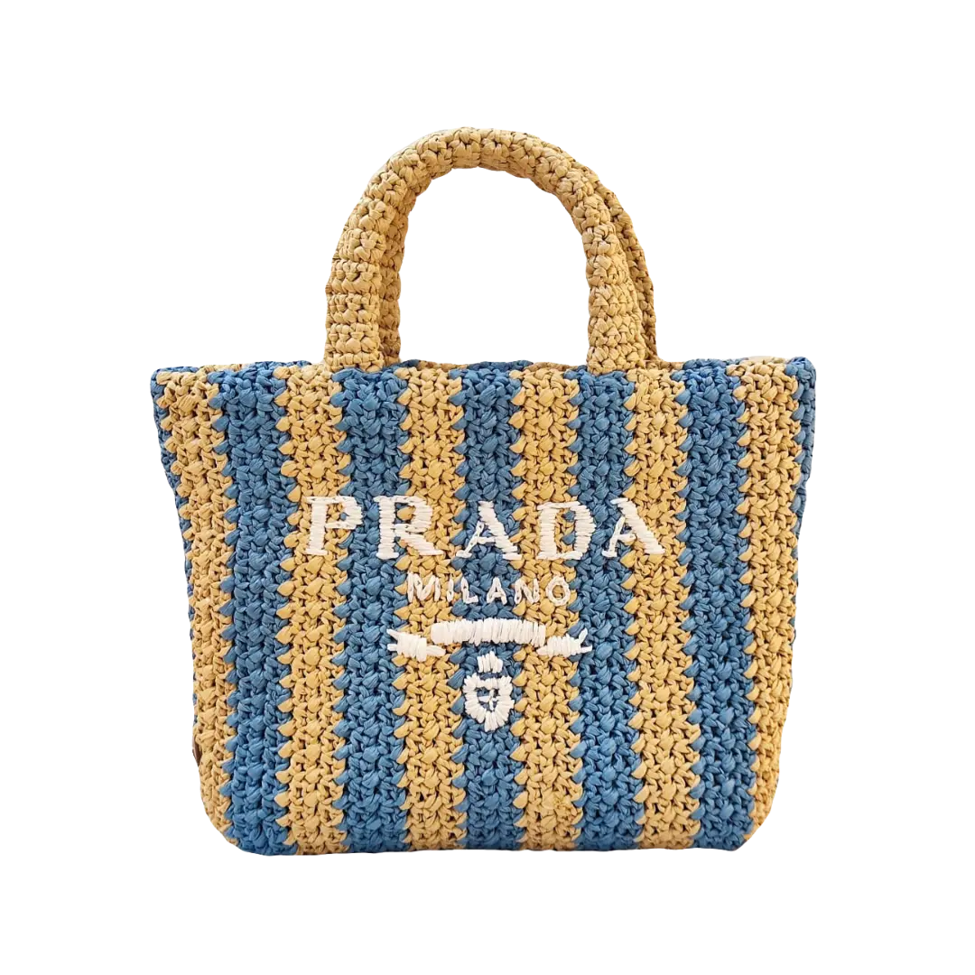 Prada - Tan/Light Blue Small Raffia Tote Bag My Store
