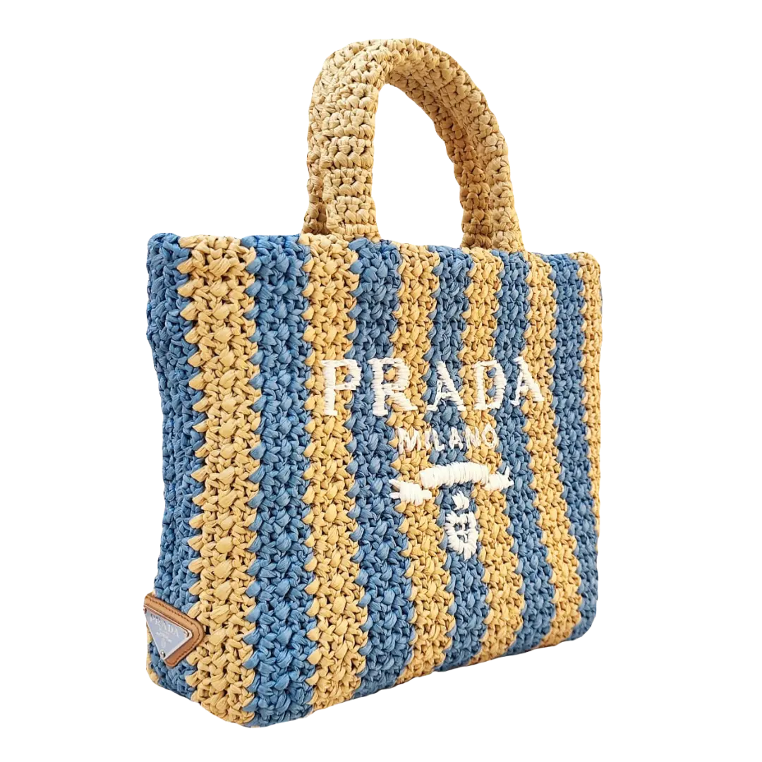 Prada - Tan/Light Blue Small Raffia Tote Bag My Store