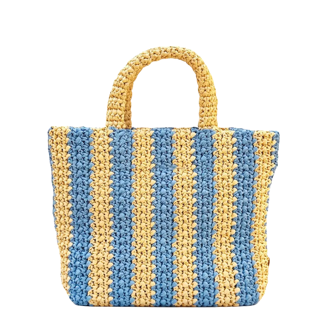 Prada - Tan/Light Blue Small Raffia Tote Bag My Store