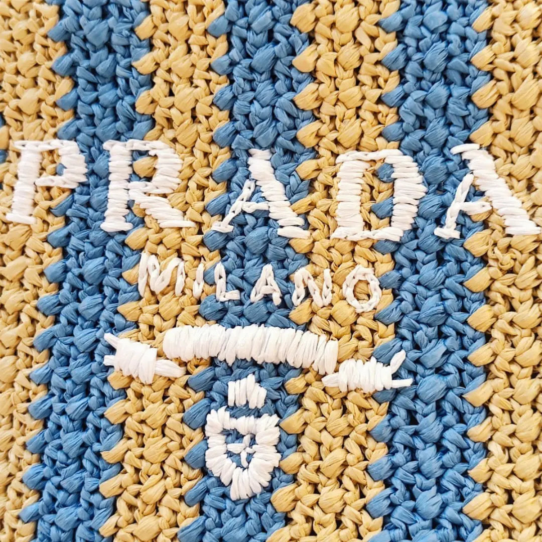 Prada - Tan/Light Blue Small Raffia Tote Bag My Store