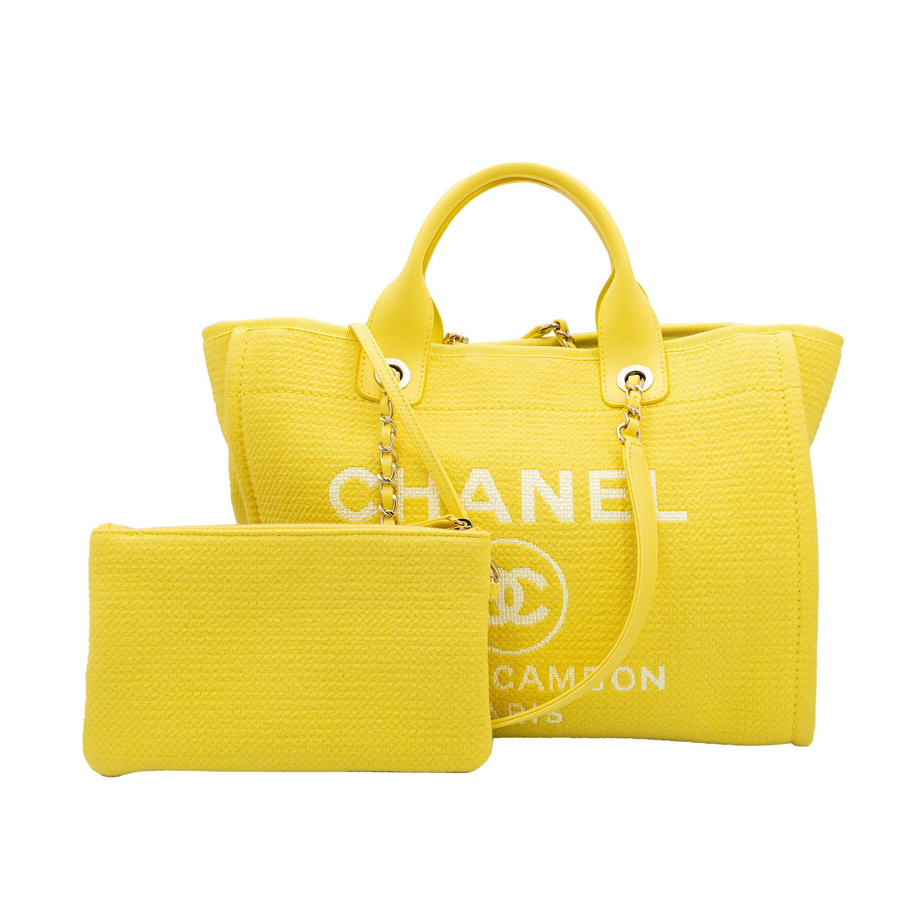 Chanel Deauville Large Tote in Yellow with White Logo Print