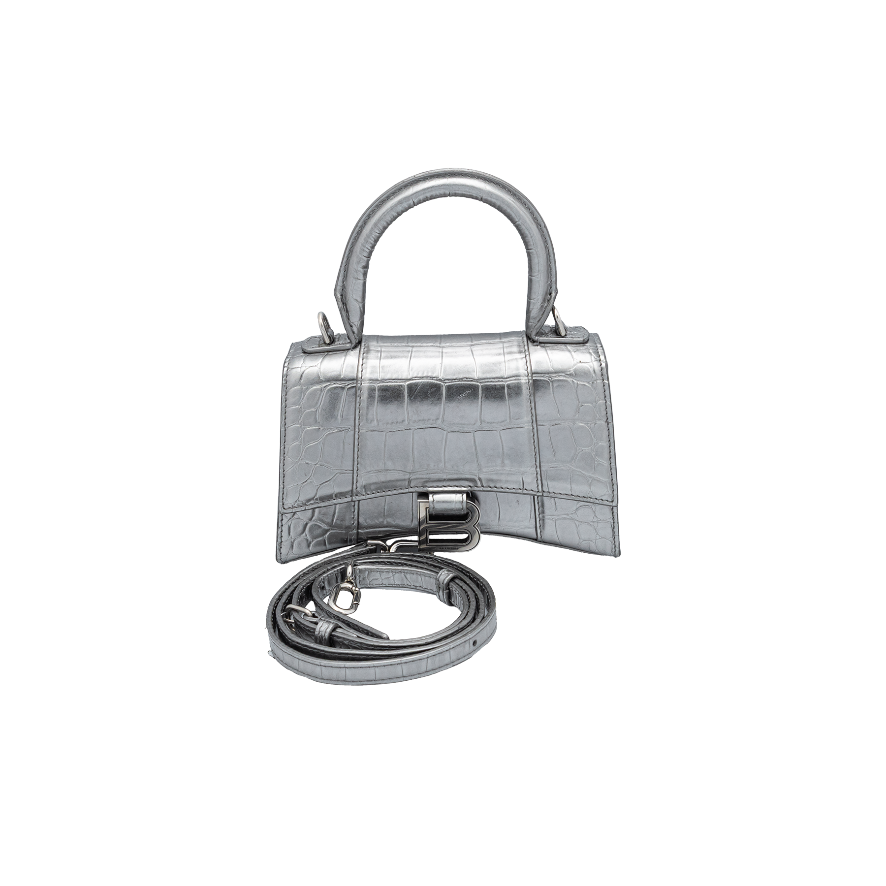 BALENCIAGA - Xtra Small Hourglass in Silver Croc-Embossed Calfskin