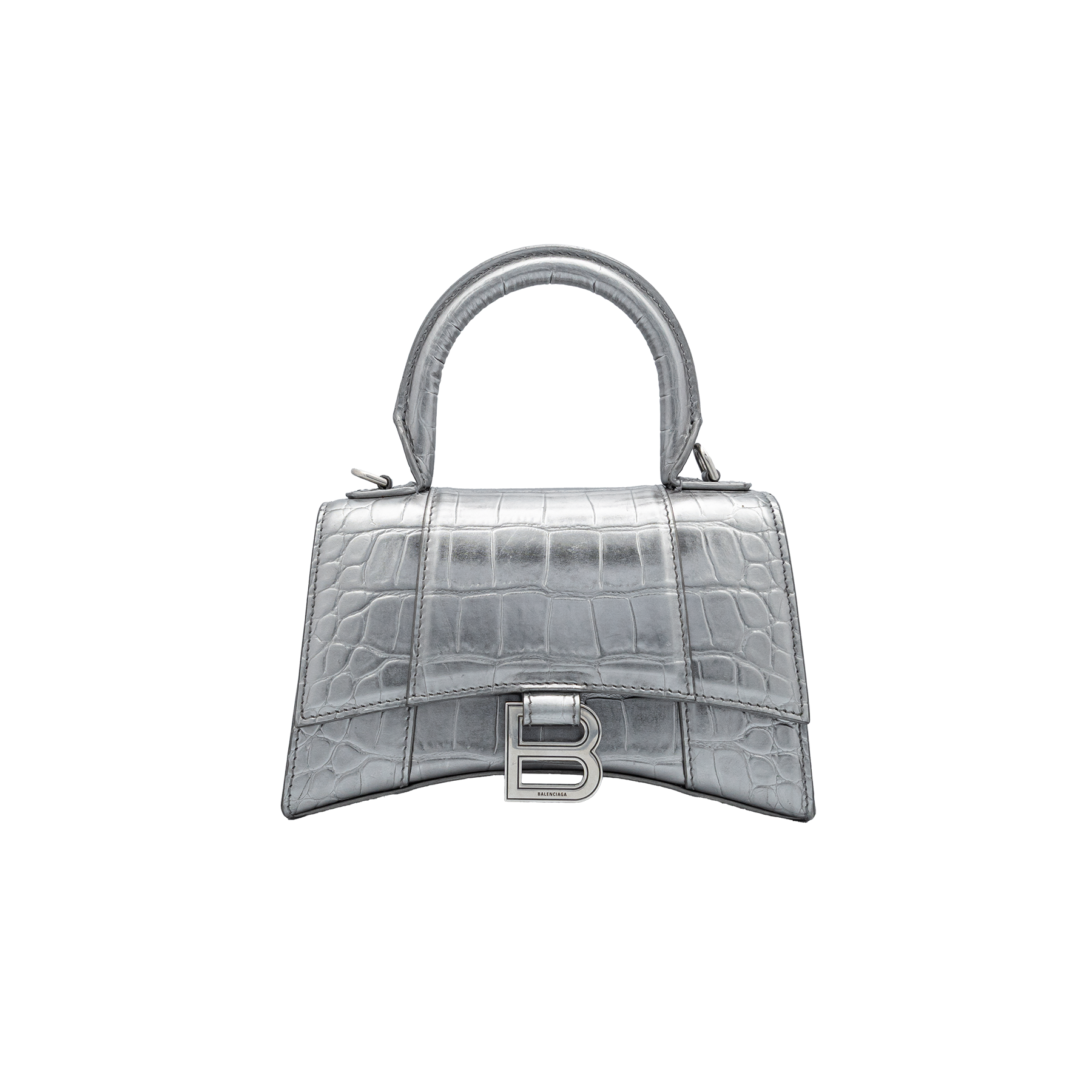 BALENCIAGA - Xtra Small Hourglass in Silver Croc-Embossed Calfskin