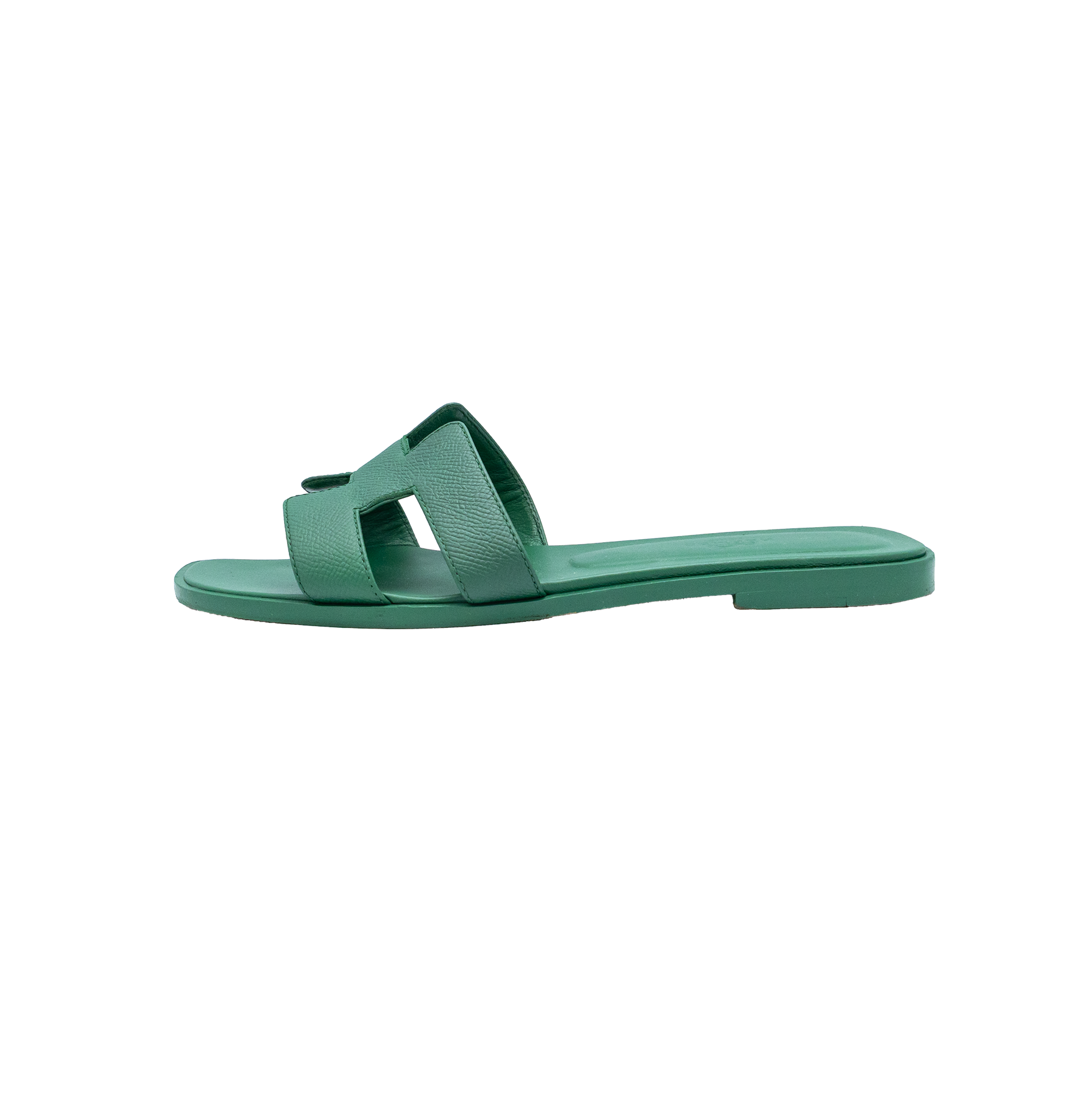 Hermes Oran Green Leather Flat Slides - Size 38.5