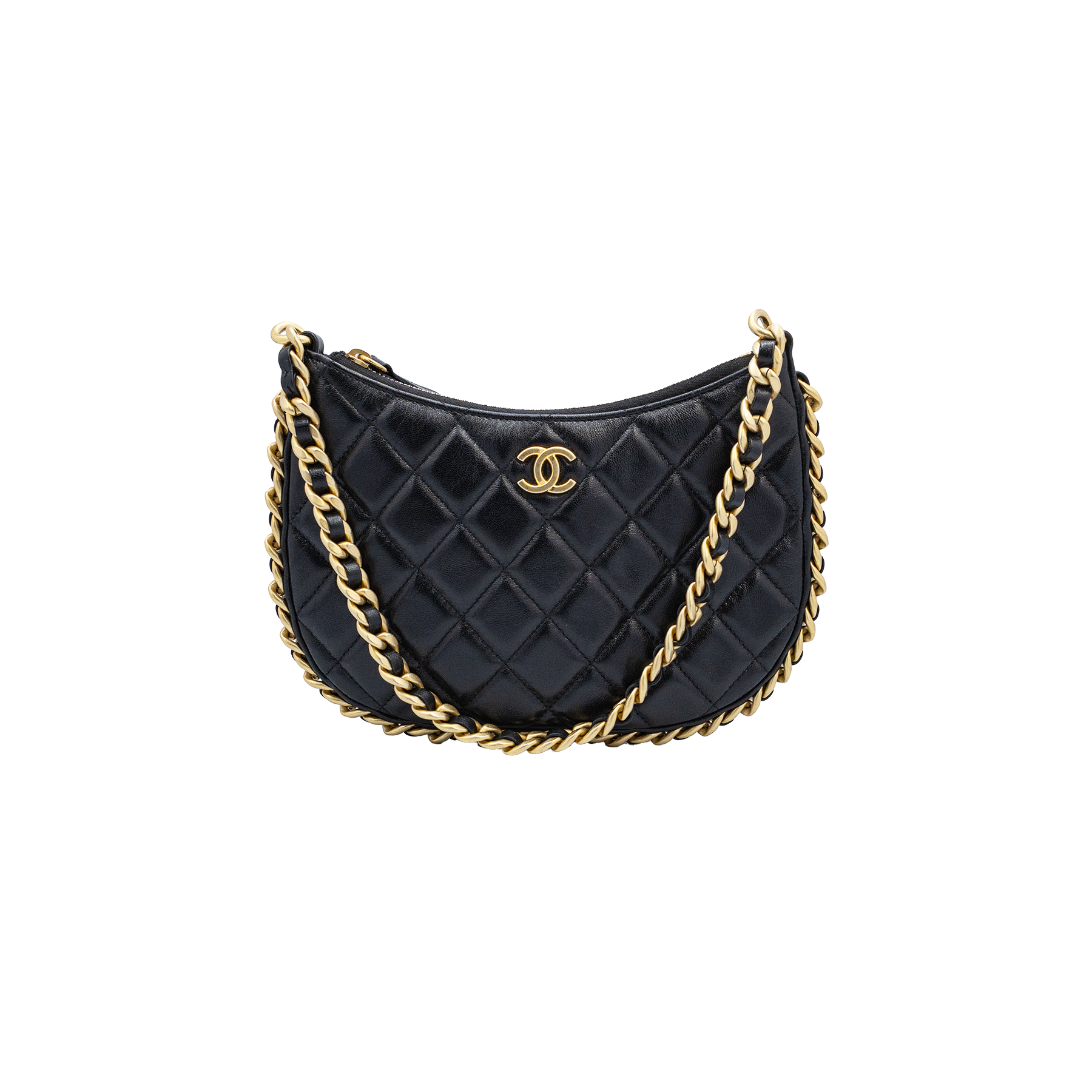 Chanel Round Hobo Shoulder Bag Small Black Lambskin Gold Hardware My Store