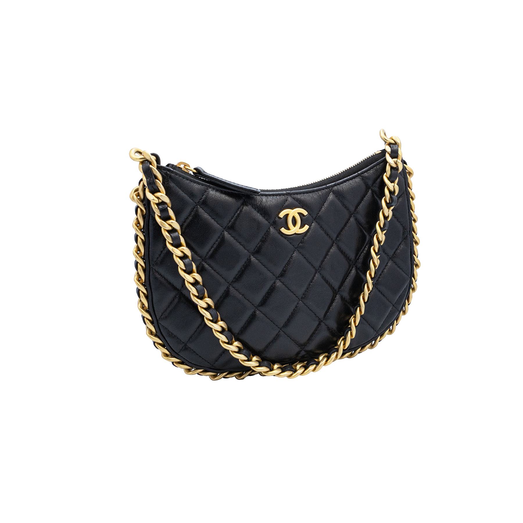 Chanel Round Hobo Shoulder Bag Small Black Lambskin Gold Hardware My Store