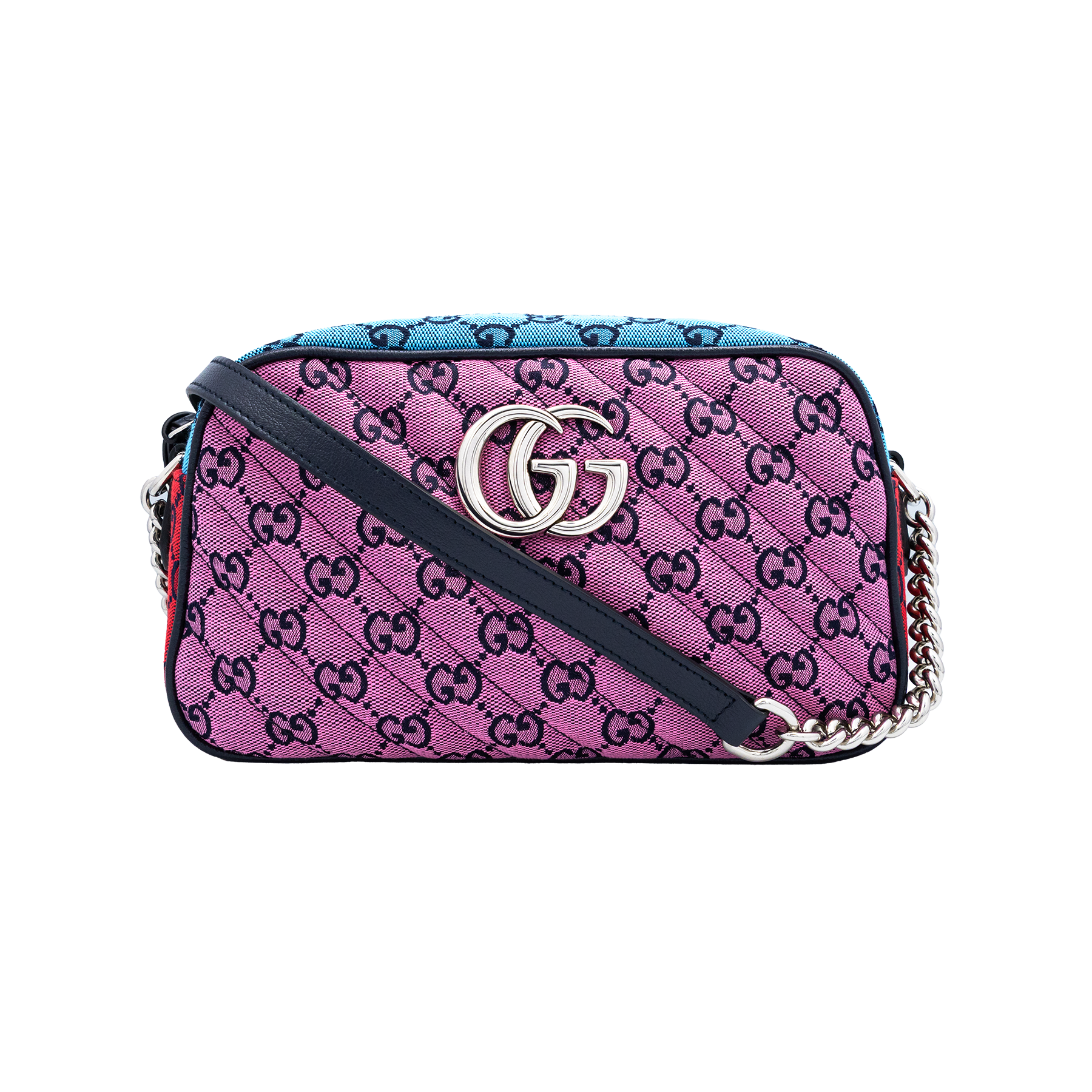 Gucci GG Marmont small shoulder bag pink and blue diagonal quilted GG canvas with silver-tone Double G logo
