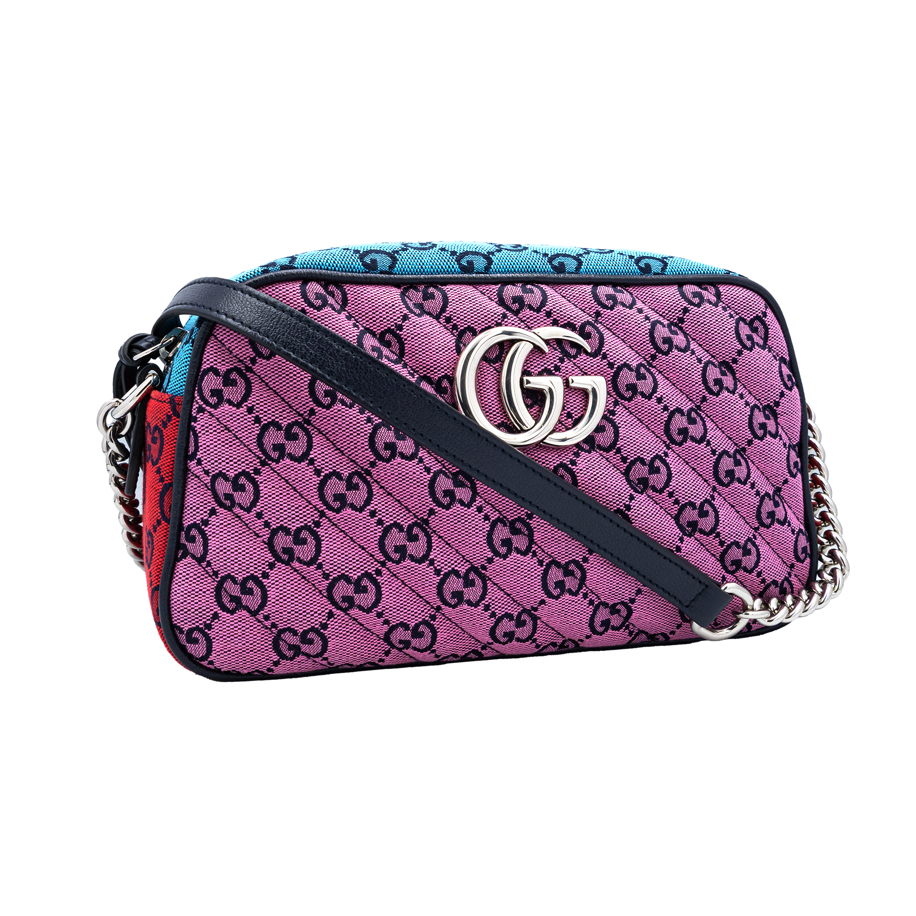Gucci GG Marmont small shoulder bag pink and blue diagonal quilted GG canvas with silver-tone Double G logo My Store
