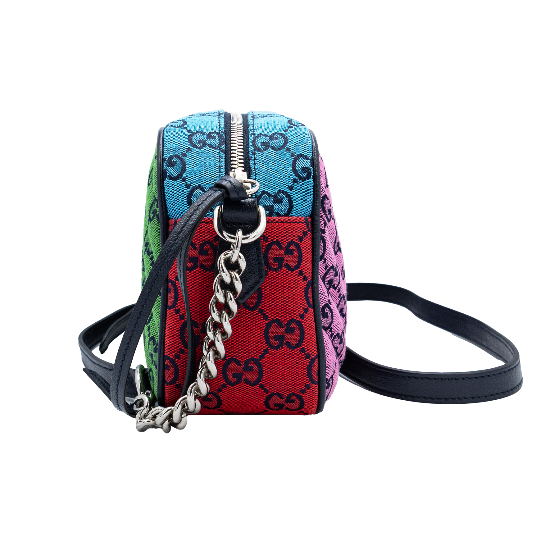 Gucci GG Marmont small shoulder bag pink and blue diagonal quilted GG canvas with silver-tone Double G logo