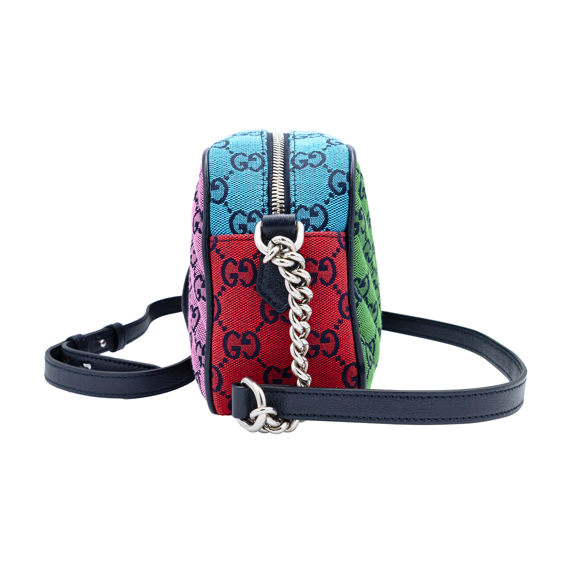 Gucci GG Marmont small shoulder bag pink and blue diagonal quilted GG canvas with silver-tone Double G logo