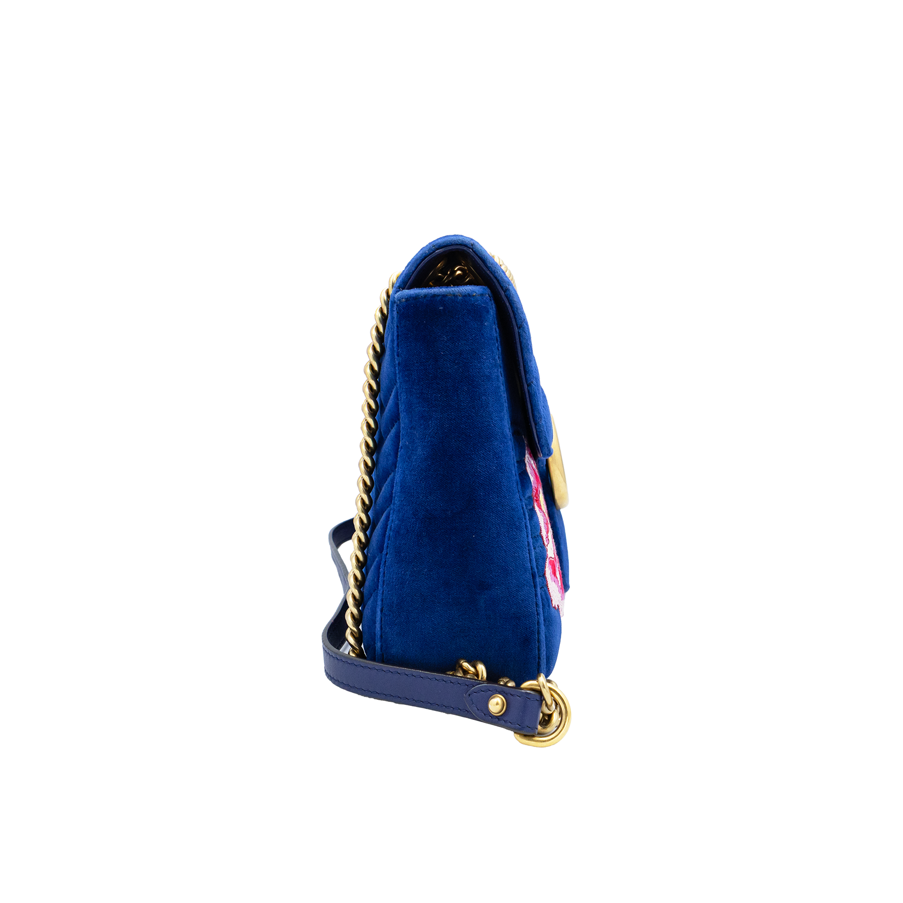 Gucci Blue Matelassé Velvet Floral Modern Embroidered GG Marmont Shoulder Bag
