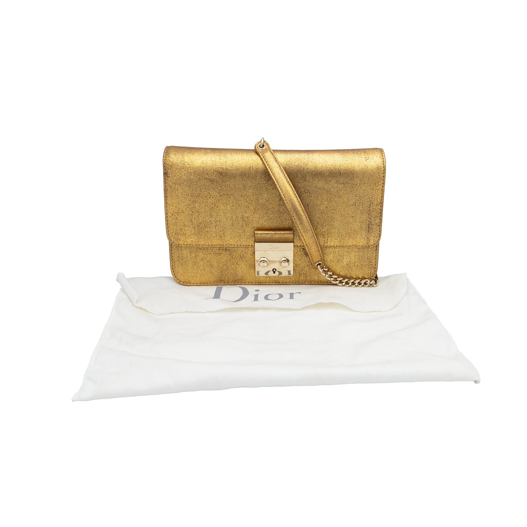 Dior Metallic Gold Crinkled Leather Miss Flap Shoulder Bag