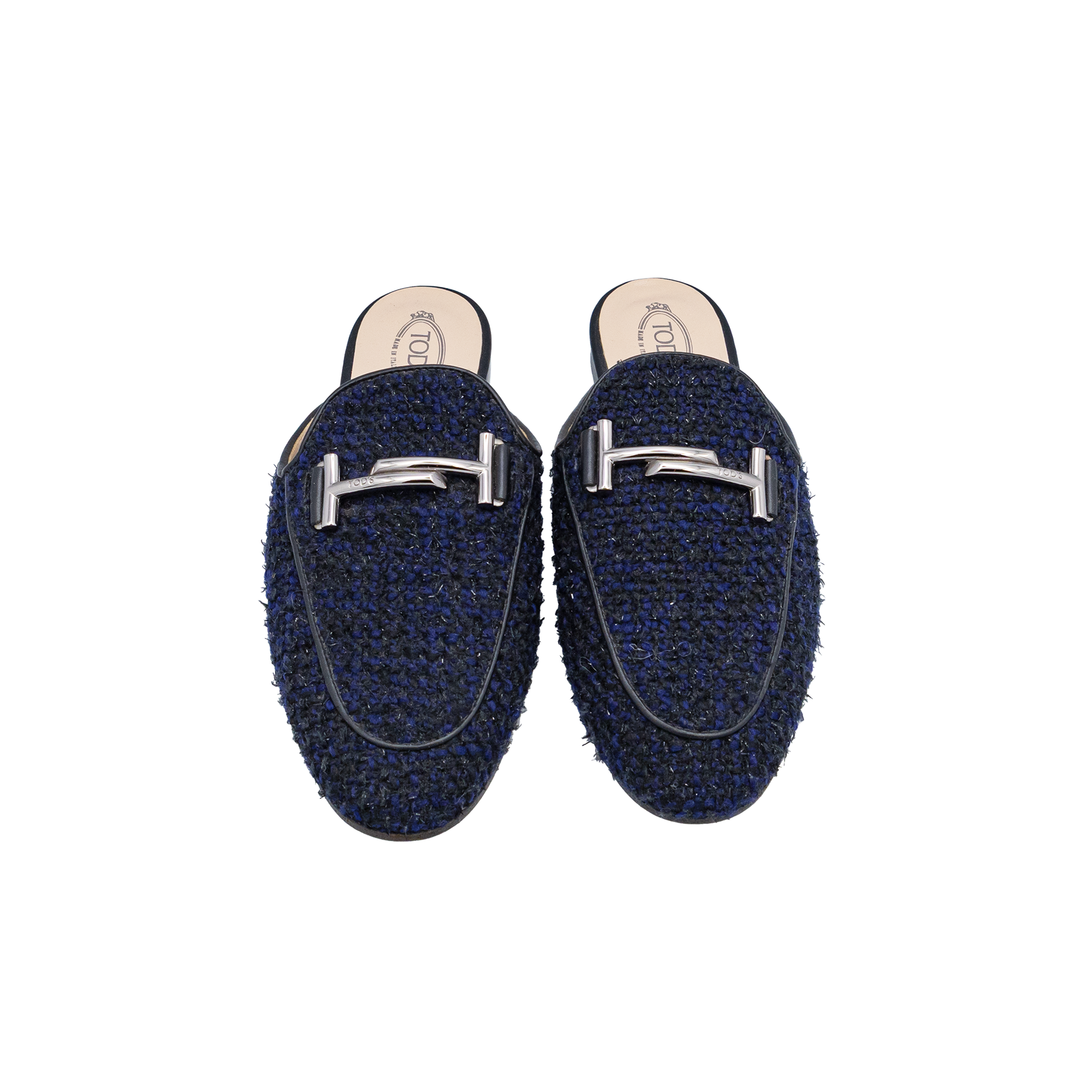 Tods Navy Blue Gommino Collapsible Heel Tweed & Leather Driving Shoes - Size 36.5