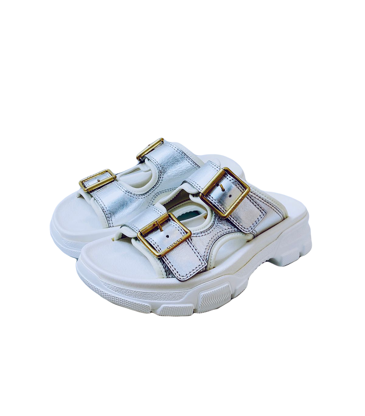 GUCCI WHITE SILVER METALLIC LEATHER PLATFORM SLIDES 36 My Store