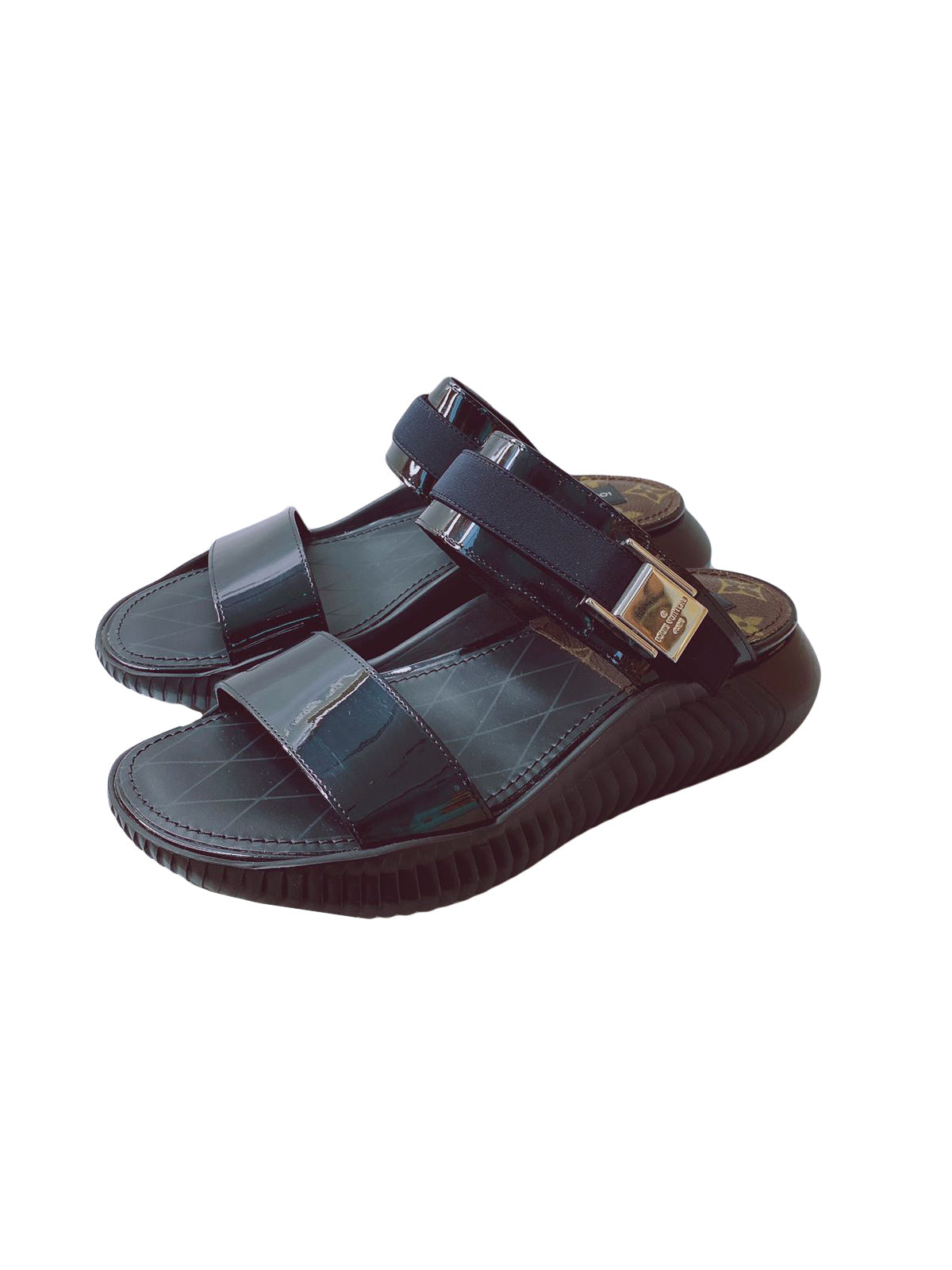 LOUIS VUTTON BLACK/BROWN MONOGRAM RUBBER SUNBATH FLAT SLIDES MA0196 SIZE 37 My Store