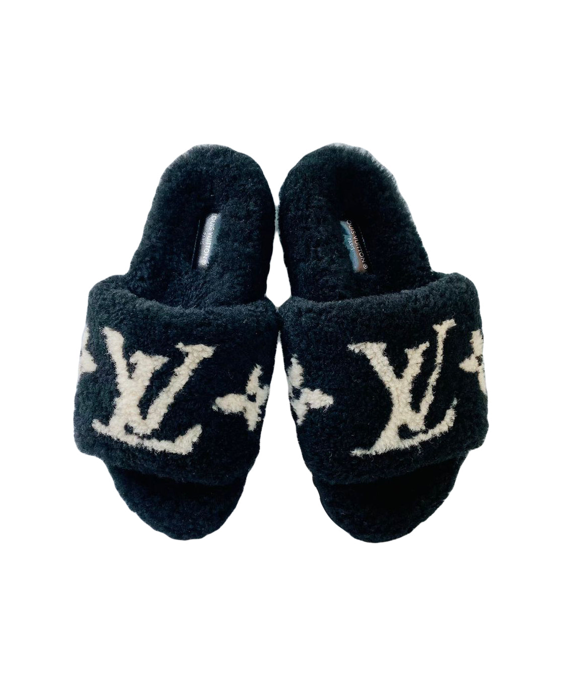 LOUIS VUITTON BLACK WHITE SHEARLING PASEO FLAT COMFORT MULES SC0221 SIZE 36 My Store