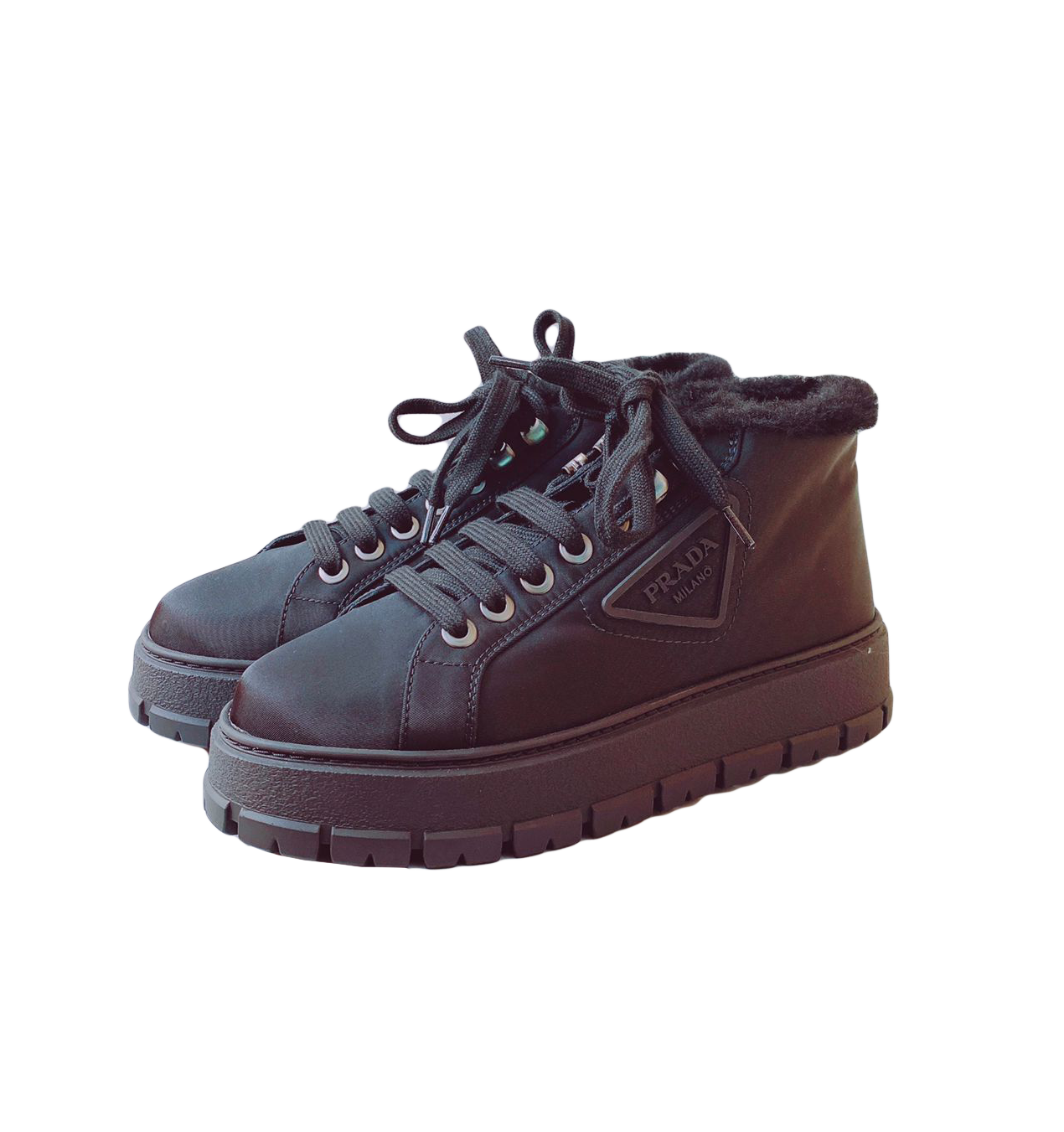 Prada BLACK NYLON LACE UP BOOTIES 37 My Store