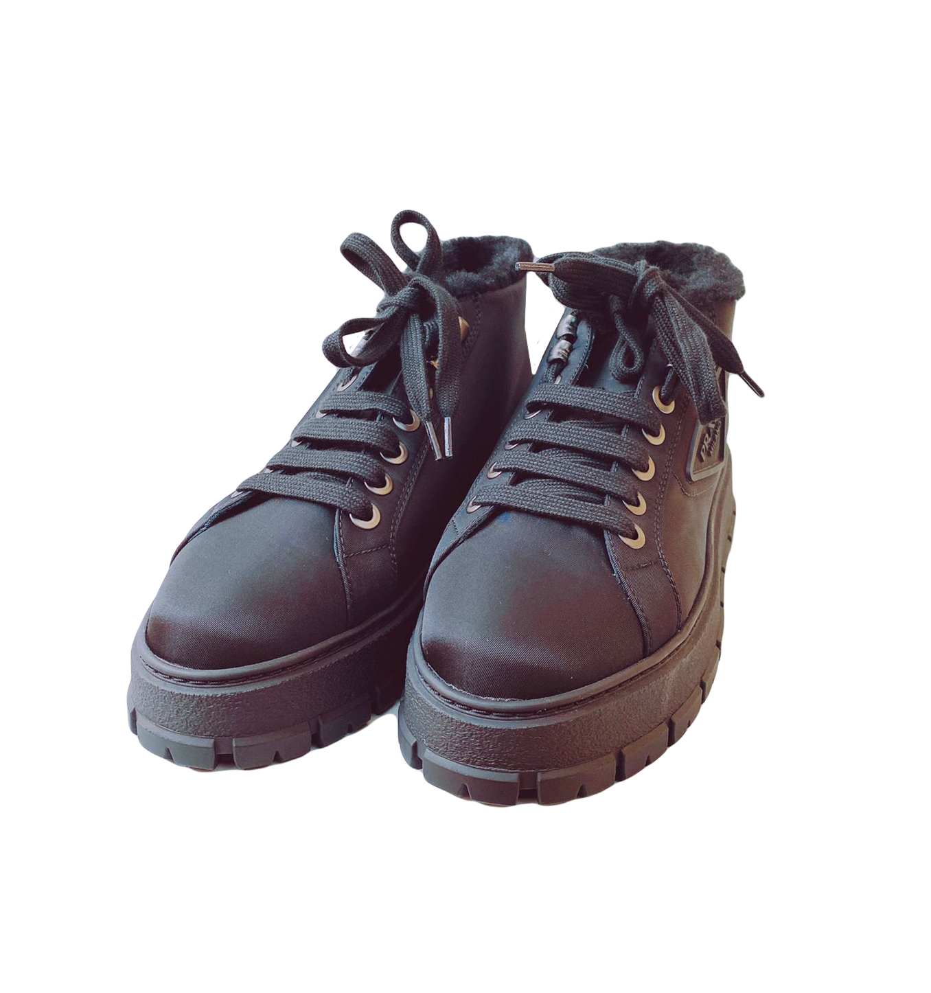 Prada BLACK NYLON LACE UP BOOTIES 37 My Store