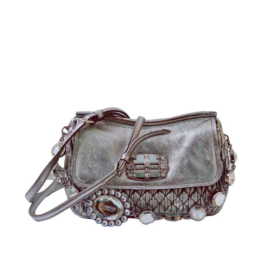 MIU MIU - CRYSTAL EMBELLISHED SILVER LEATHER BAG My Store