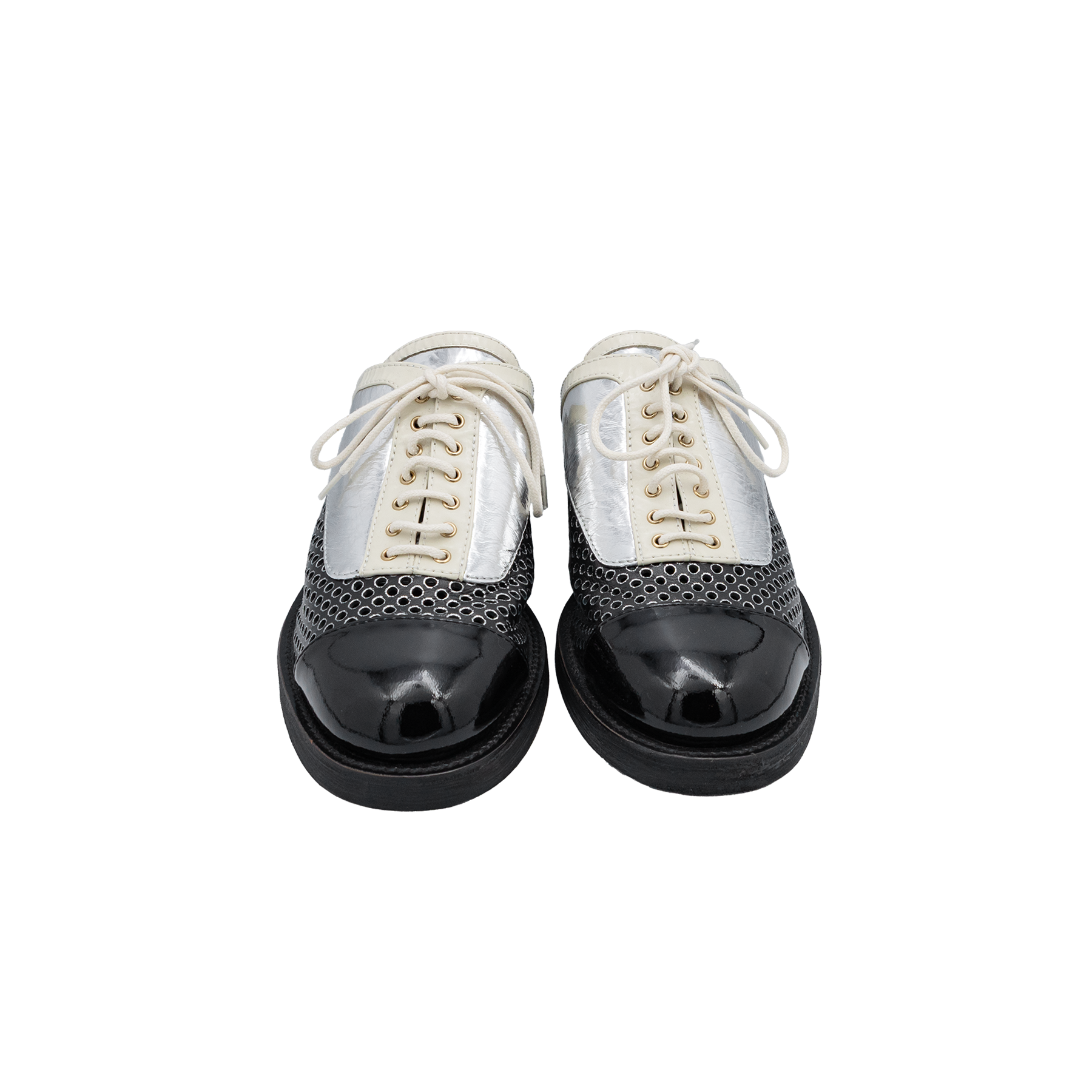 Chanel Patent Leather And Foil Lazer Cut Cuba Cruise Oxford Mules 