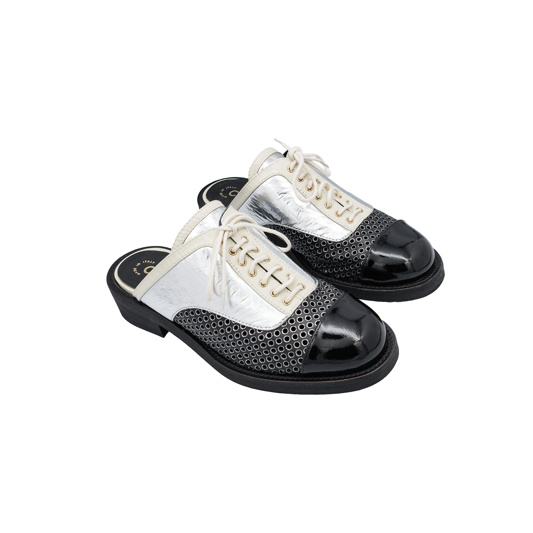 Chanel Patent Leather And Foil Lazer Cut Cuba Cruise Oxford Mules 