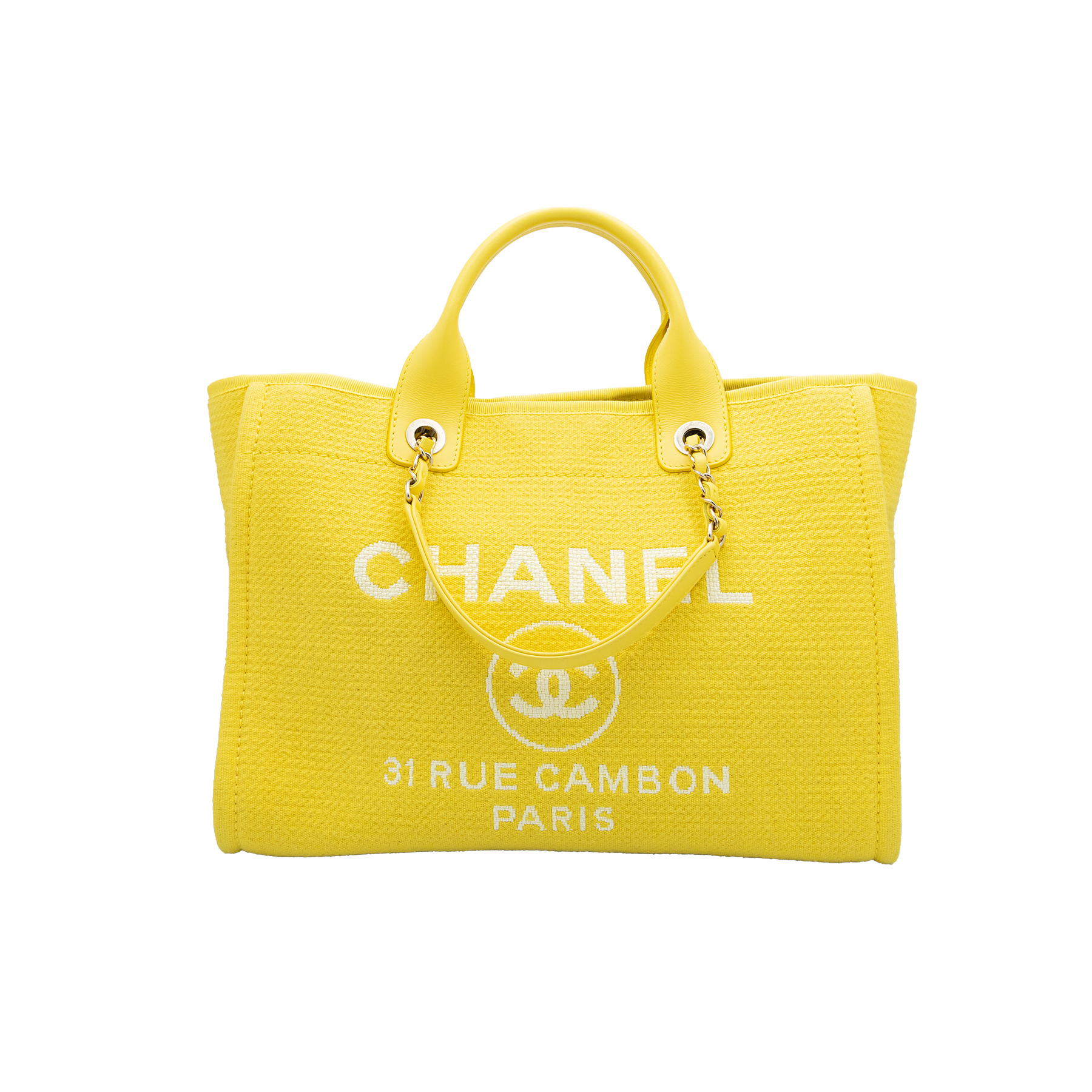 Chanel Deauville Large Tote in Yellow with White Logo Print 