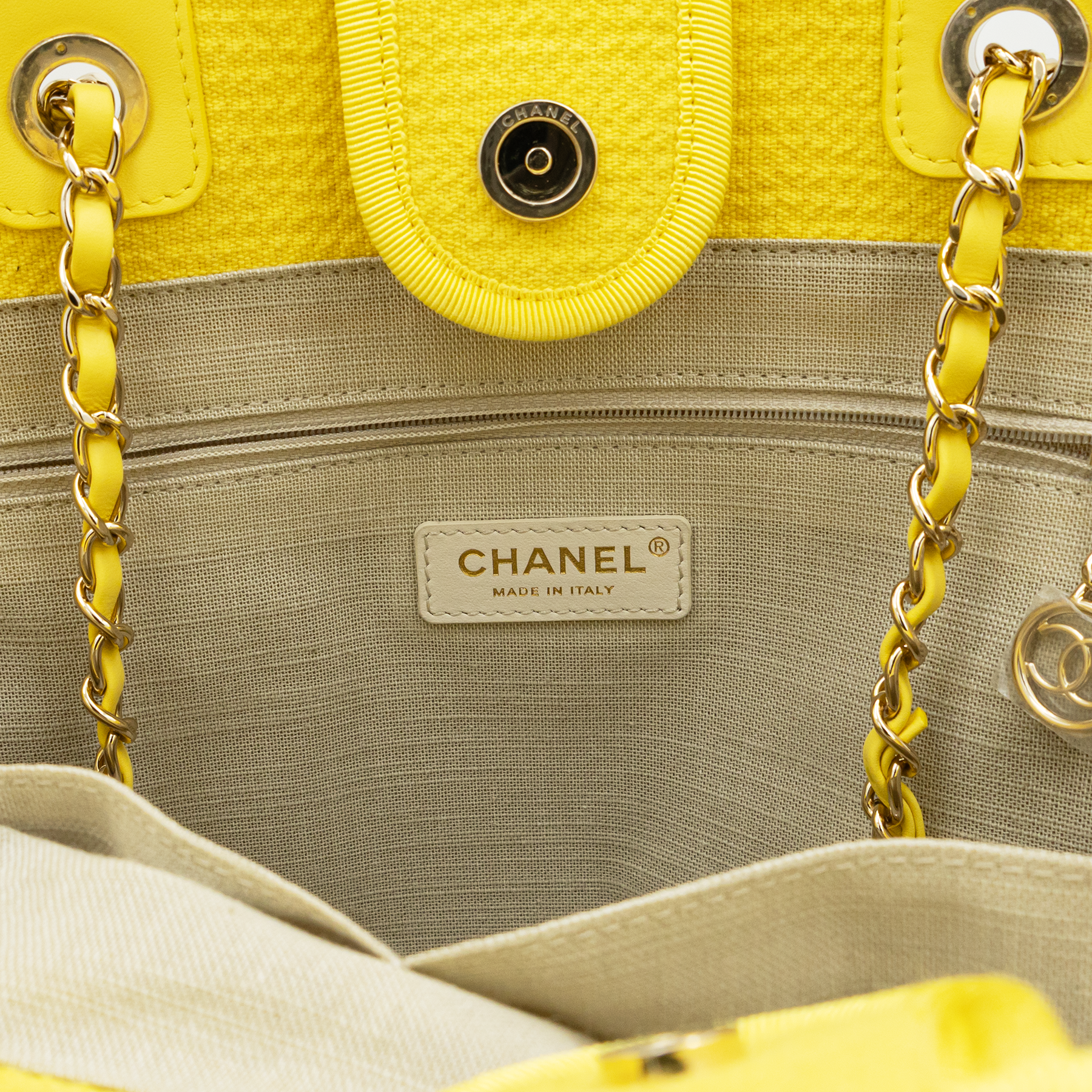 Chanel Deauville Large Tote in Yellow with White Logo Print 