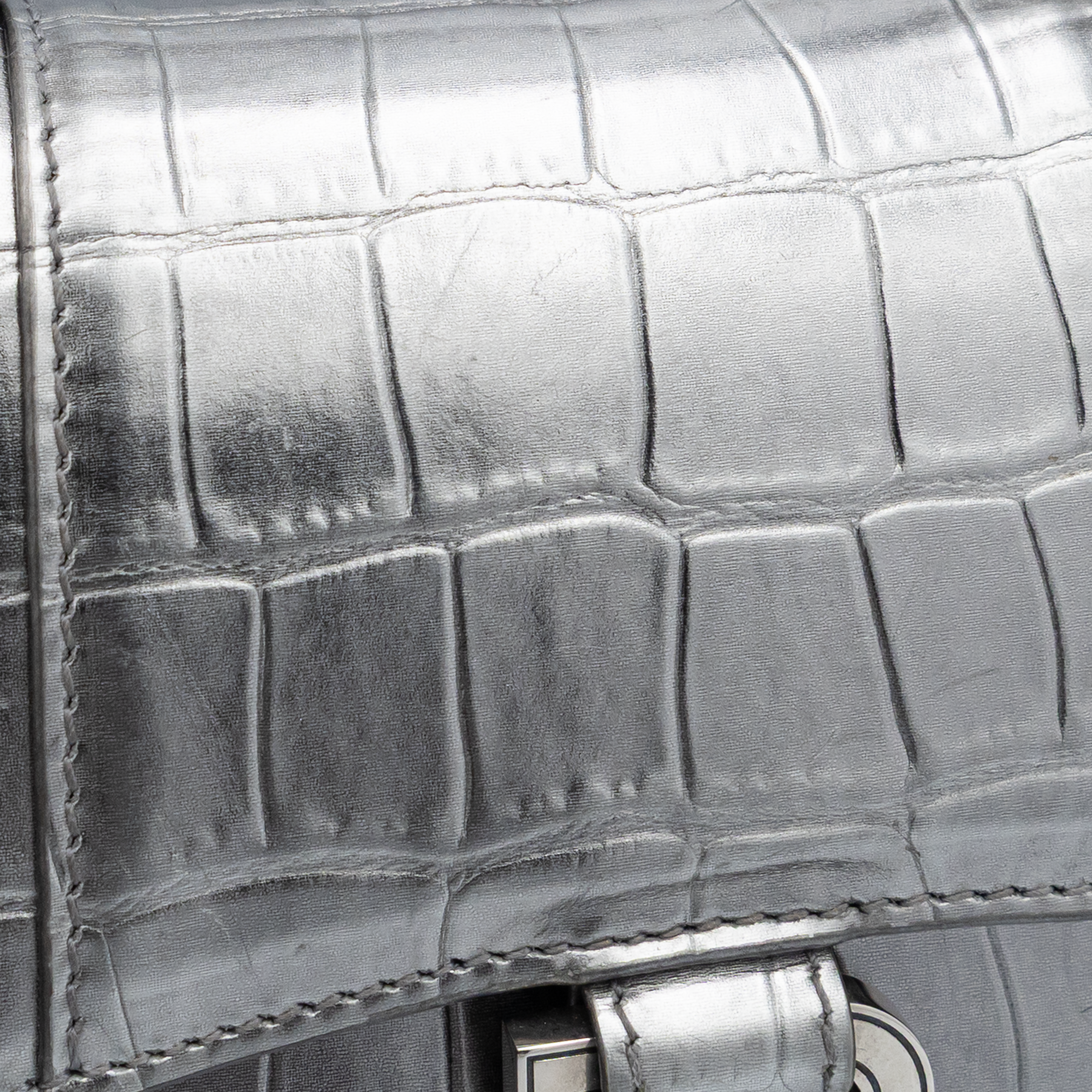 BALENCIAGA - Xtra Small Hourglass in Silver Croc-Embossed Calfskin 