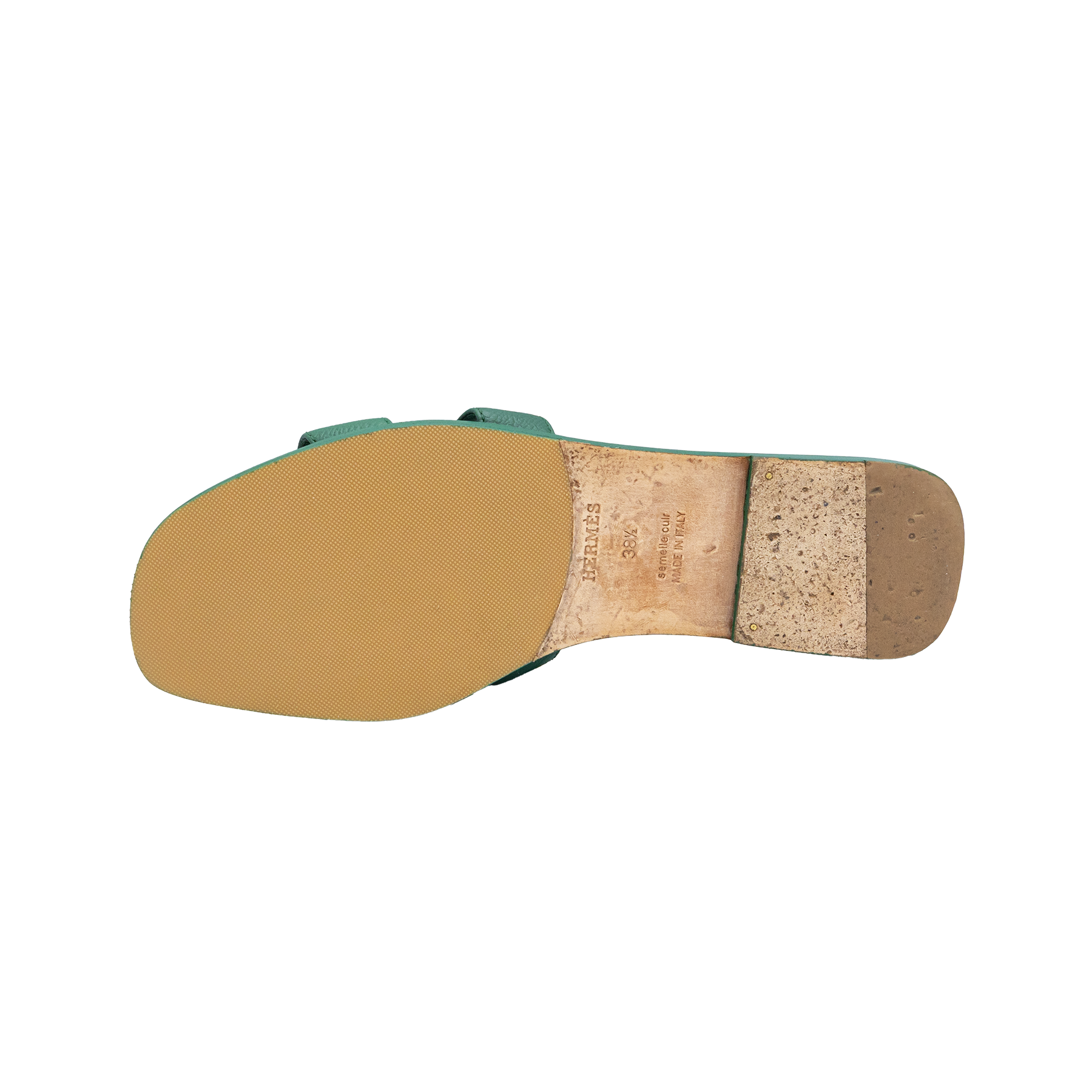 Hermes Oran Green Leather Flat Slides - Size 38.5 