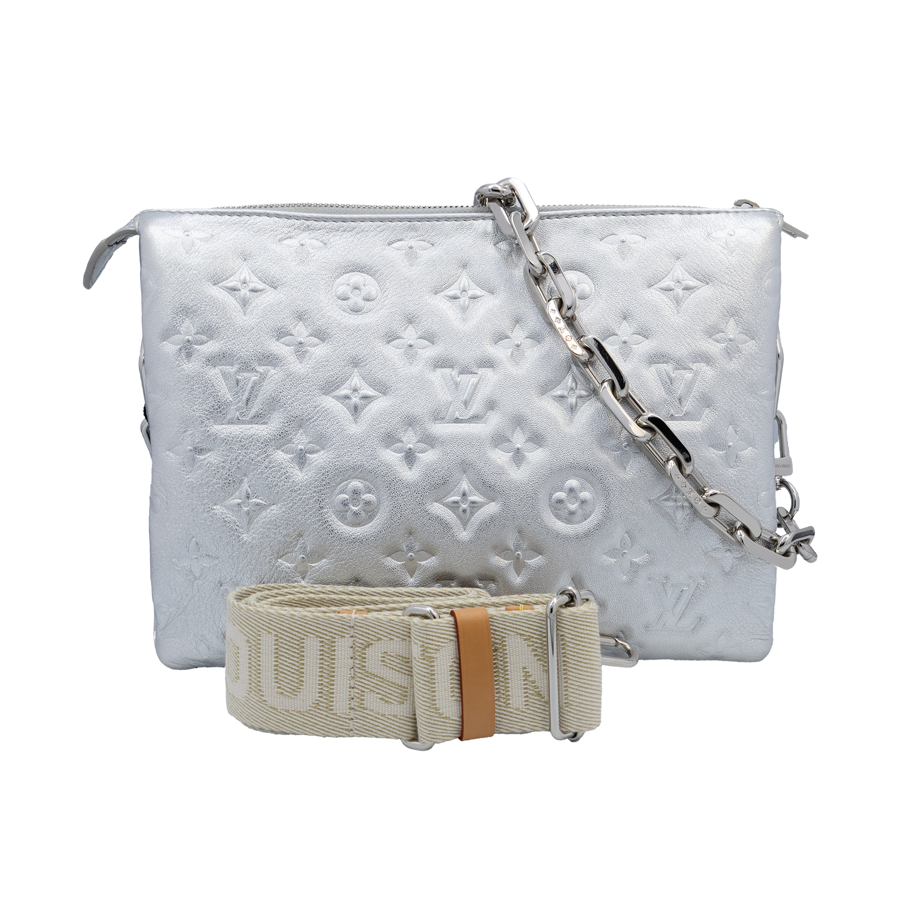Louis Vuitton Metallic Silver Puffy Monogram Embossed Coussin PM Bag