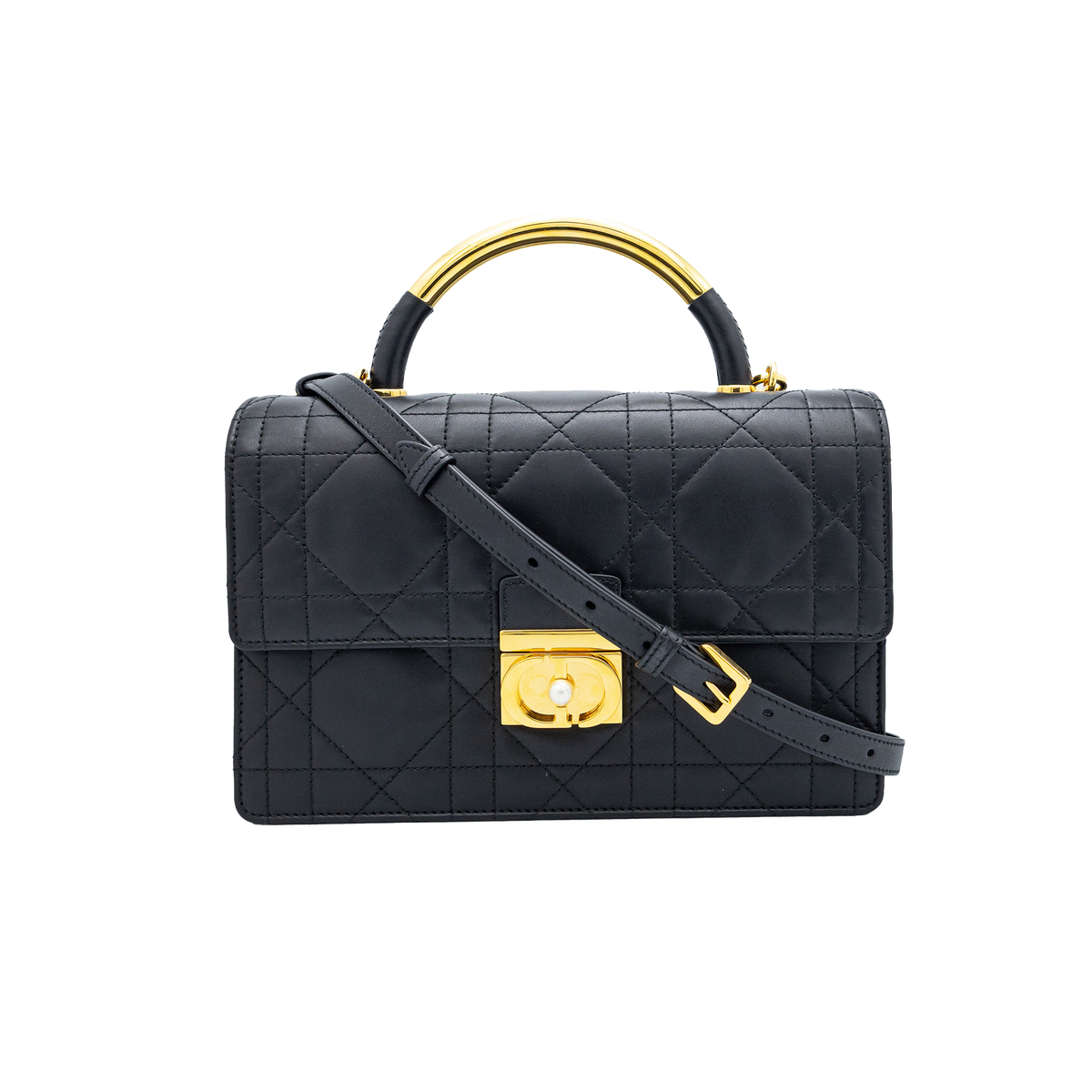 Christian Dior Black Ange Macrocannage Medium Top Handle Bag