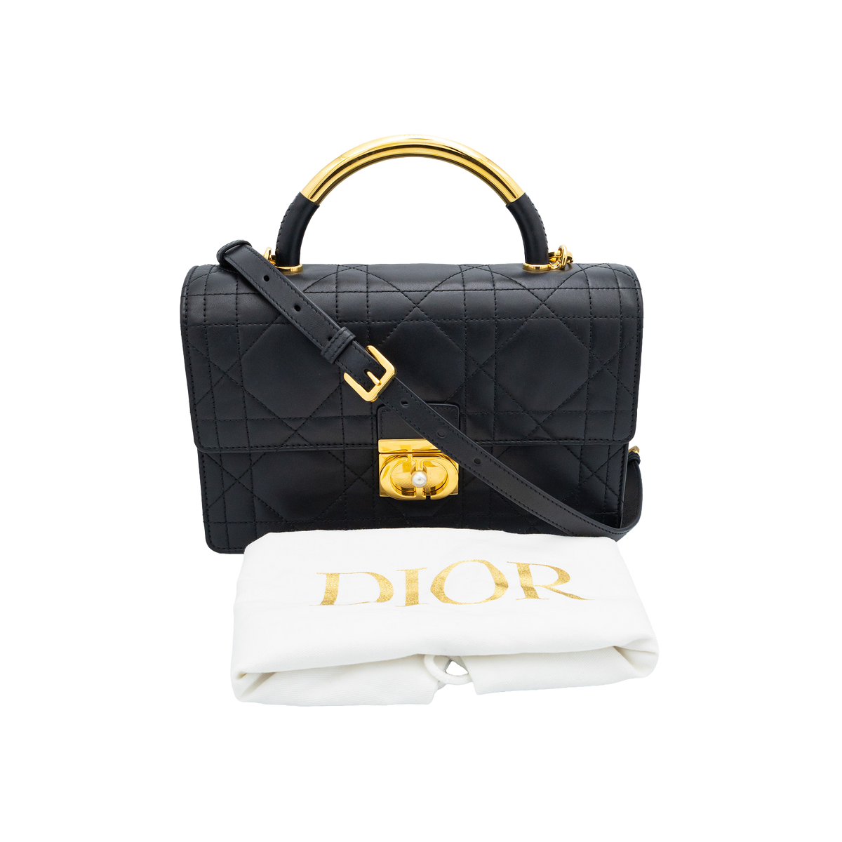 Christian Dior Black Ange Macrocannage Medium Top Handle Bag