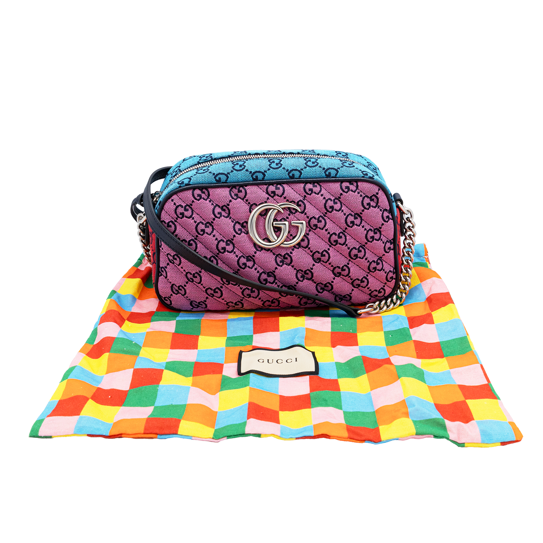 Gucci GG Marmont small shoulder bag pink and blue diagonal quilted GG canvas with silver-tone Double G logo