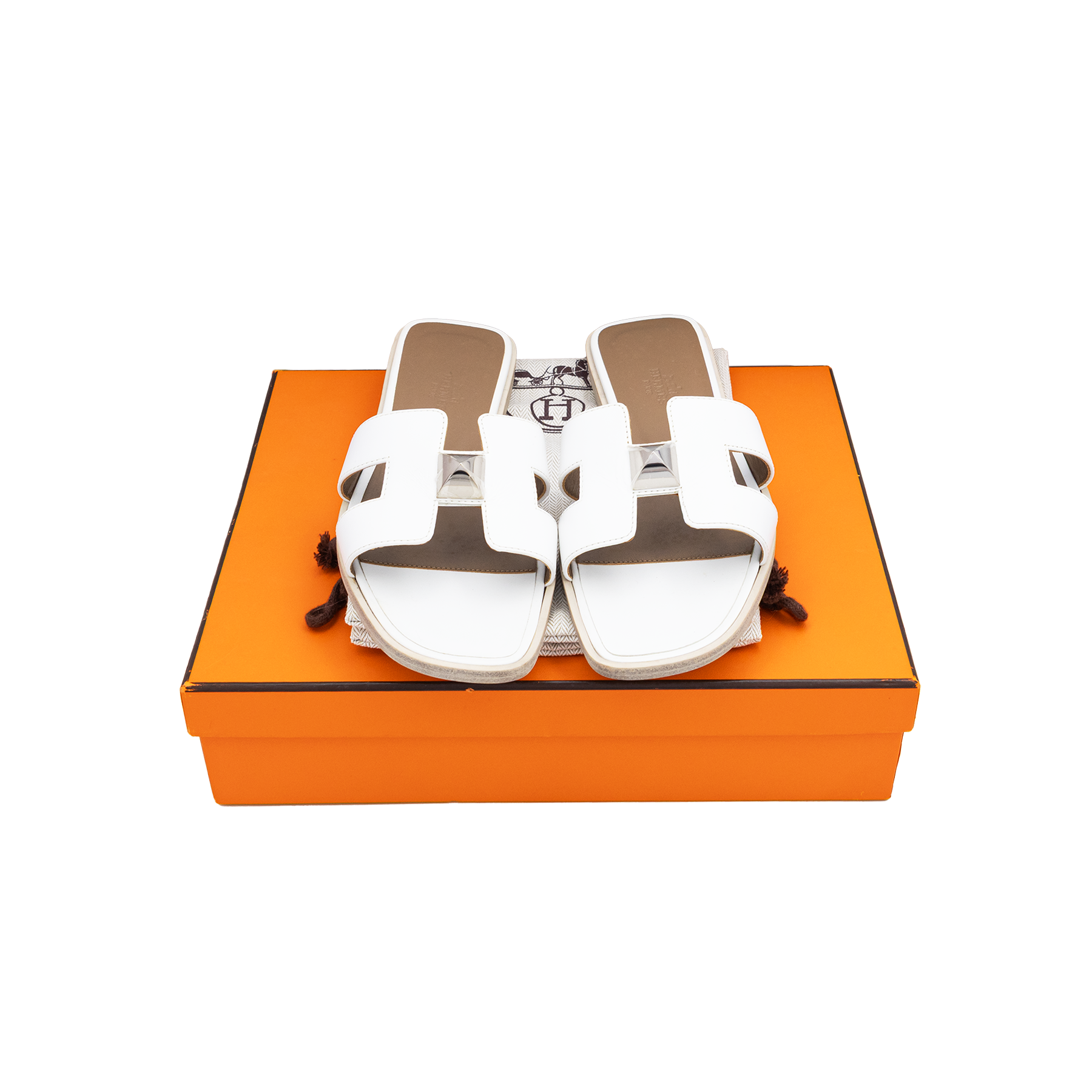 Hermes Oran Size 38 White Leather Flat Slides 