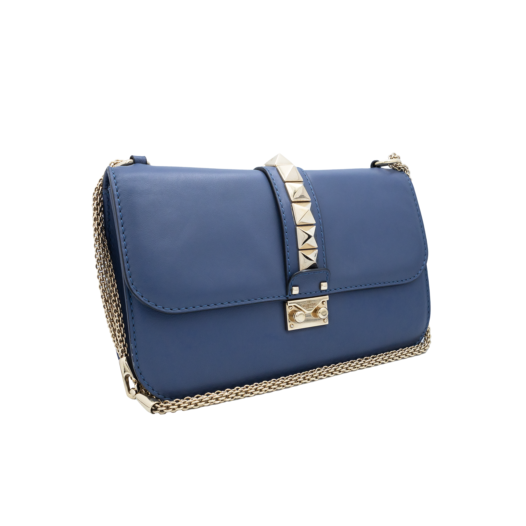 Valentino Blue Leather Medium Rockstud Glam Lock Flap Bag 