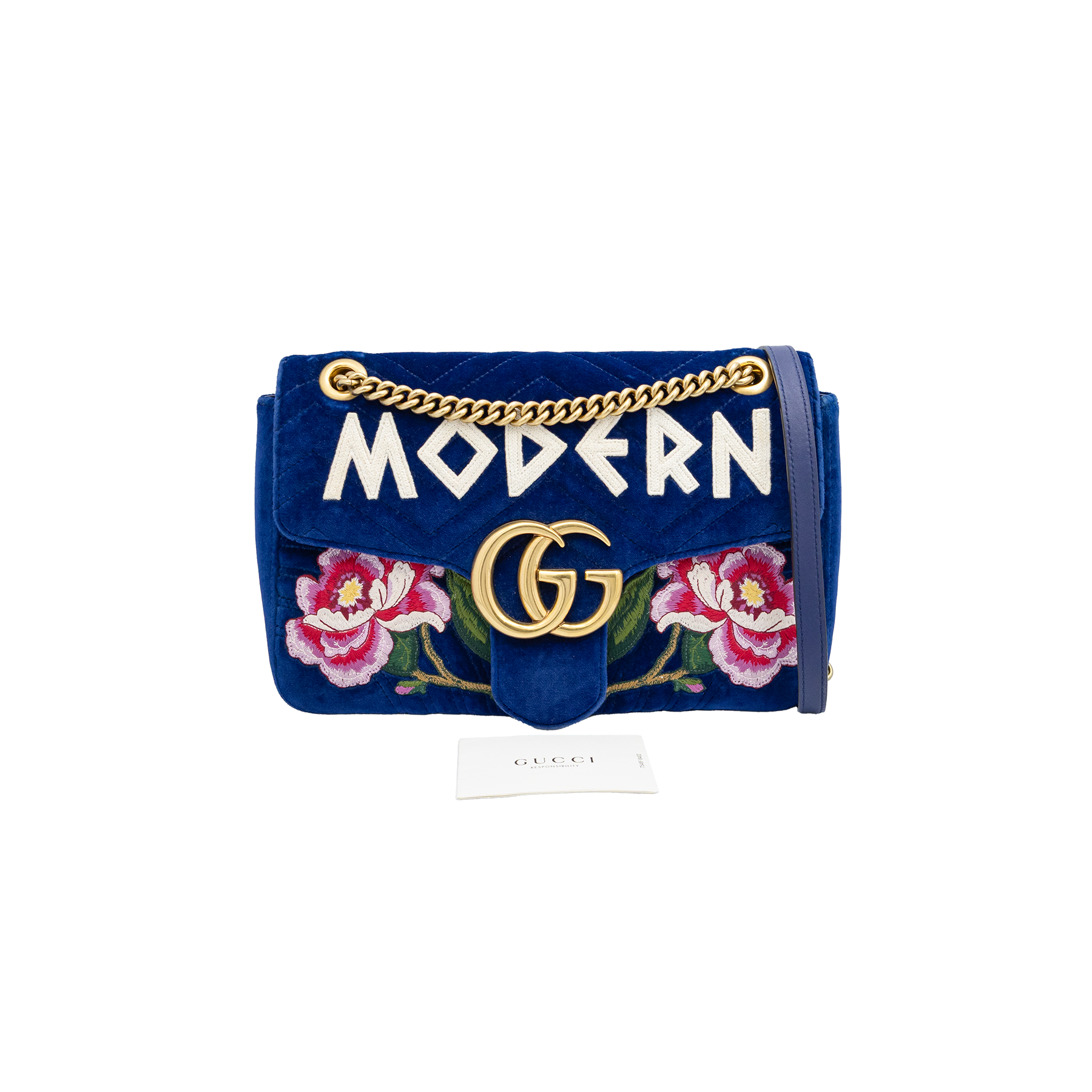 Gucci Blue Matelassé Velvet Floral Modern Embroidered GG Marmont Shoulder Bag 