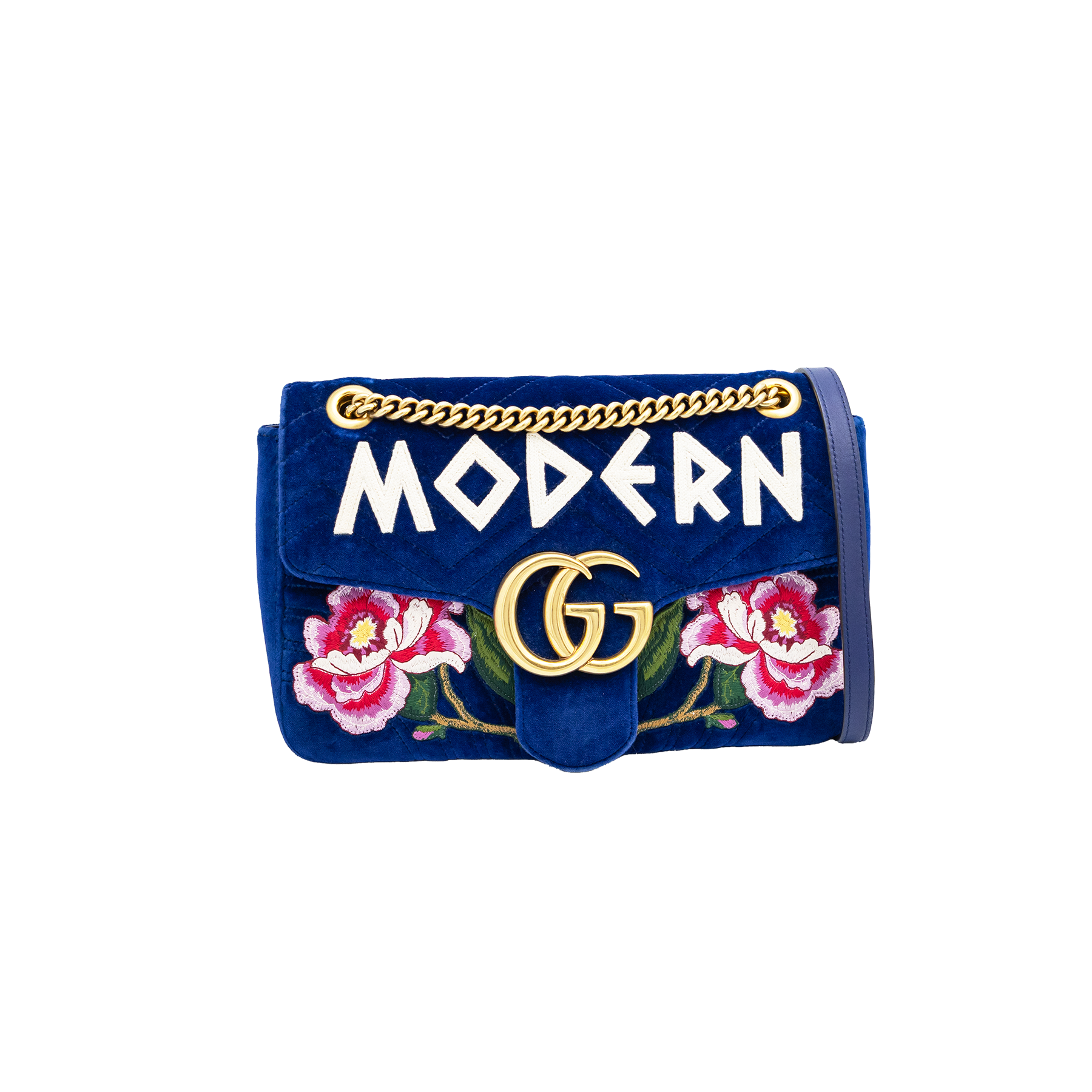 Gucci Blue Matelassé Velvet Floral Modern Embroidered GG Marmont Shoulder Bag 