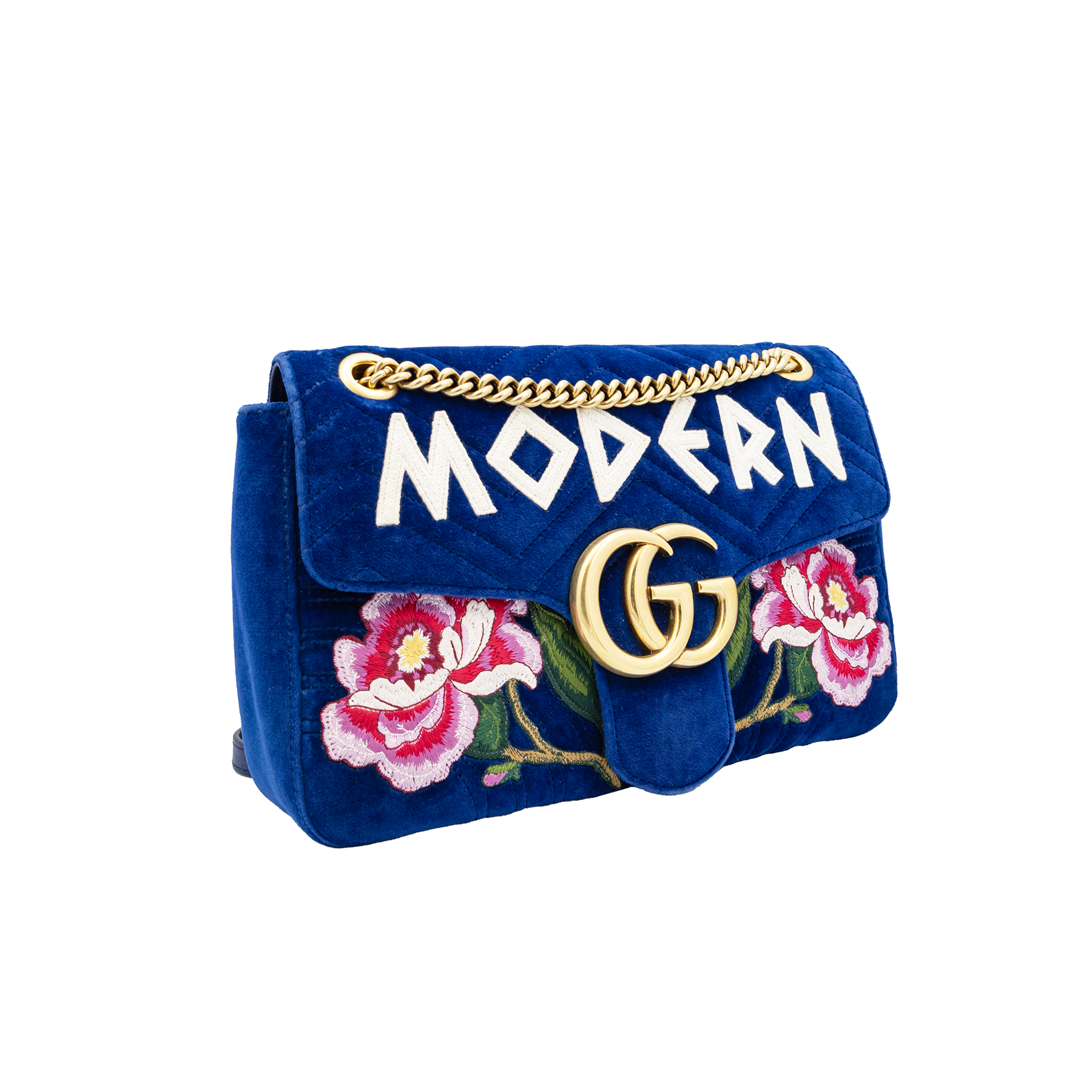 Gucci Blue Matelassé Velvet Floral Modern Embroidered GG Marmont Shoulder Bag 