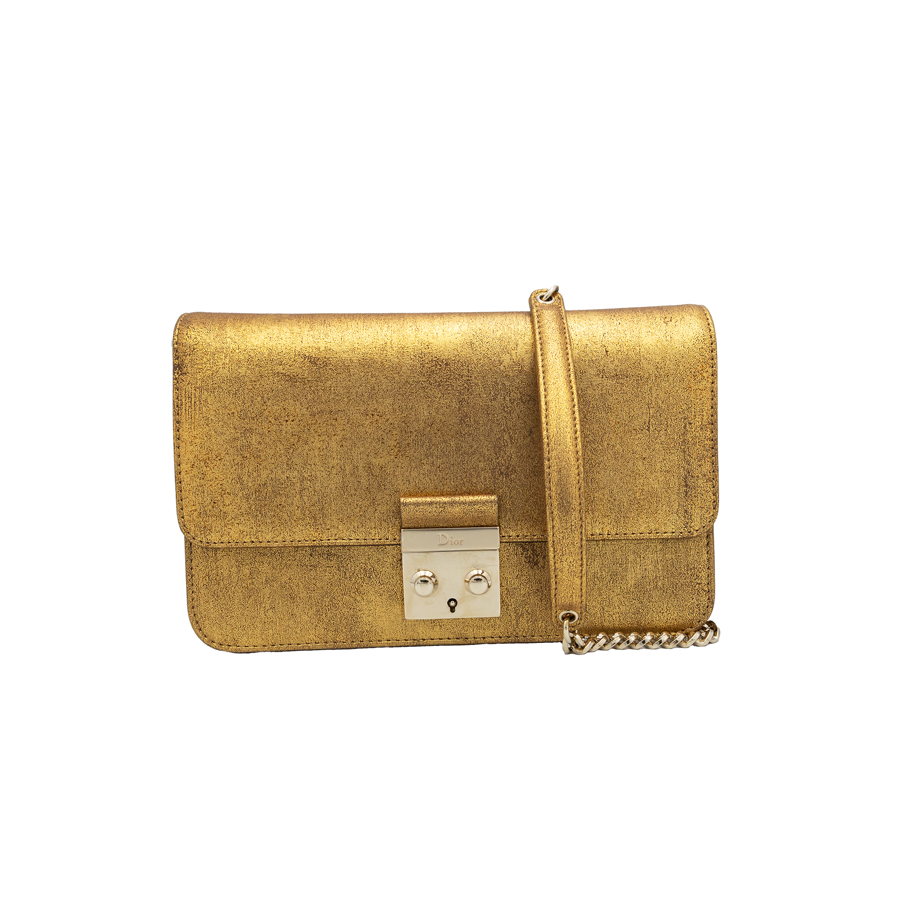 Dior Metallic Gold Crinkled Leather Miss Flap Shoulder Bag 