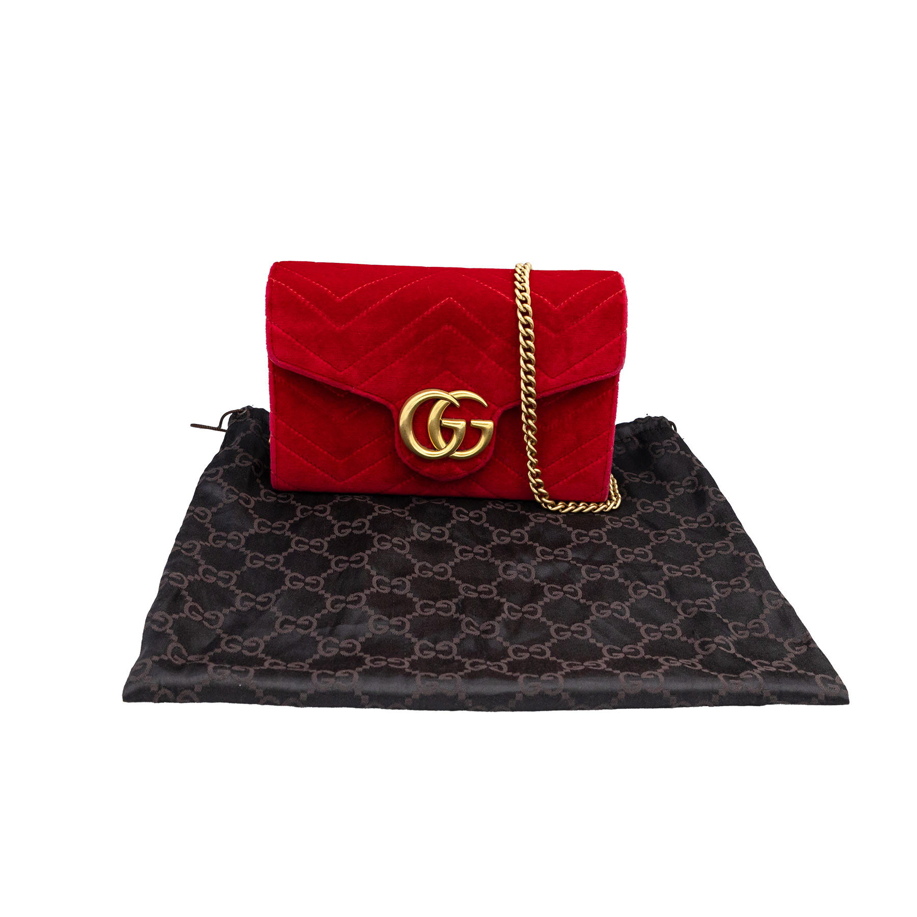 Gucci Red GG Marmont Velvet Matelassé Mini Chain Wallet 