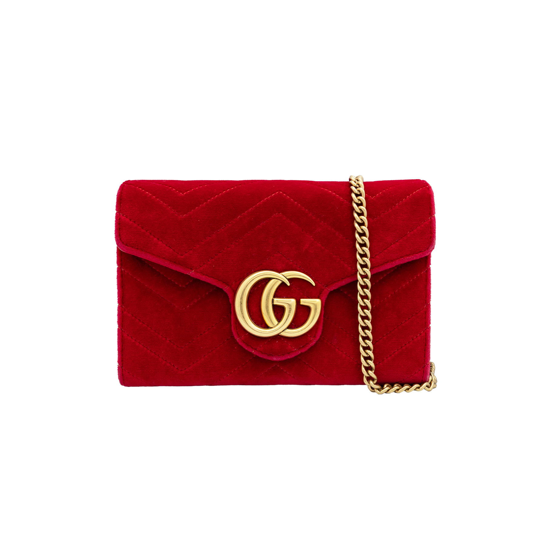 Gucci Red GG Marmont Velvet Matelassé Mini Chain Wallet 