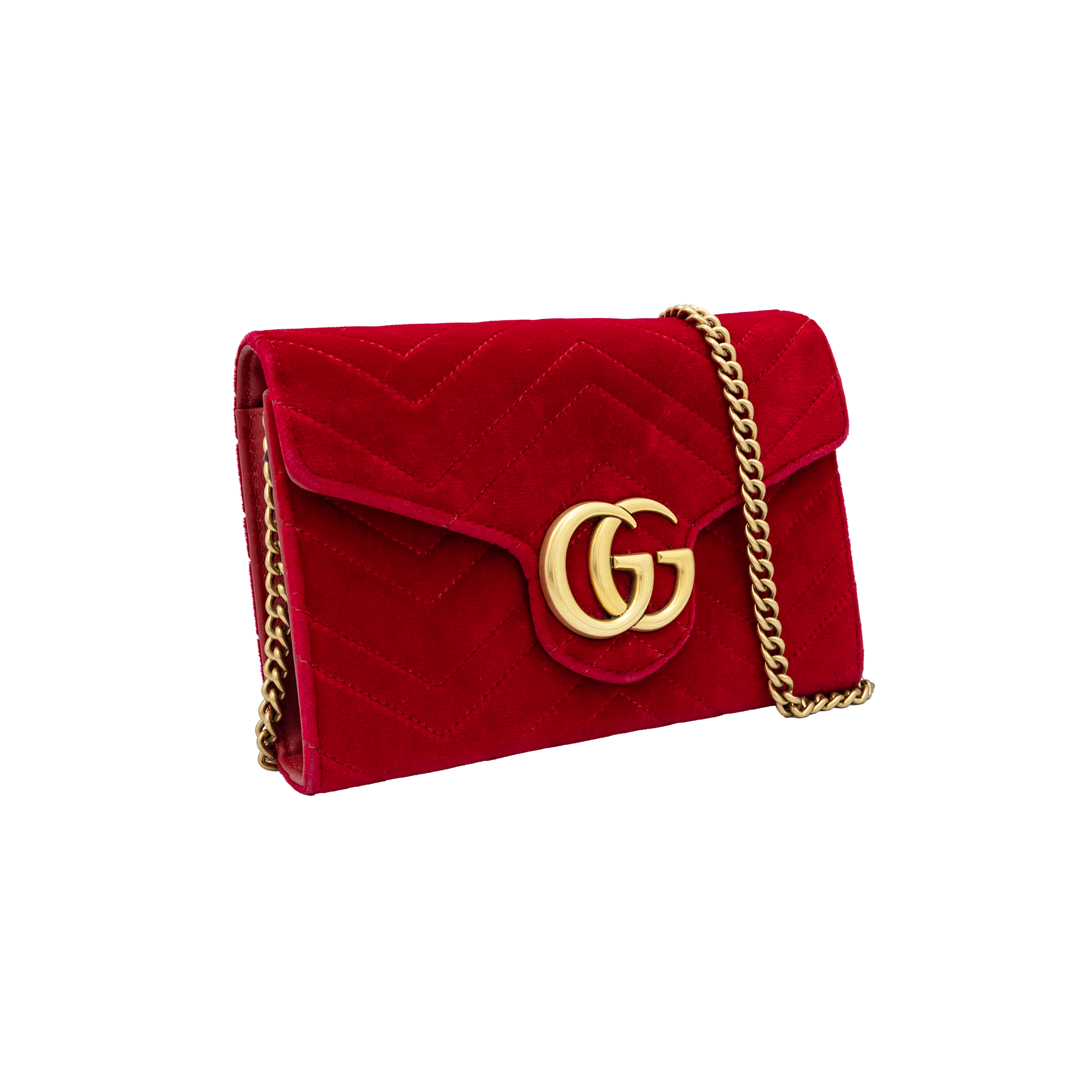 Gucci Red GG Marmont Velvet Matelassé Mini Chain Wallet 