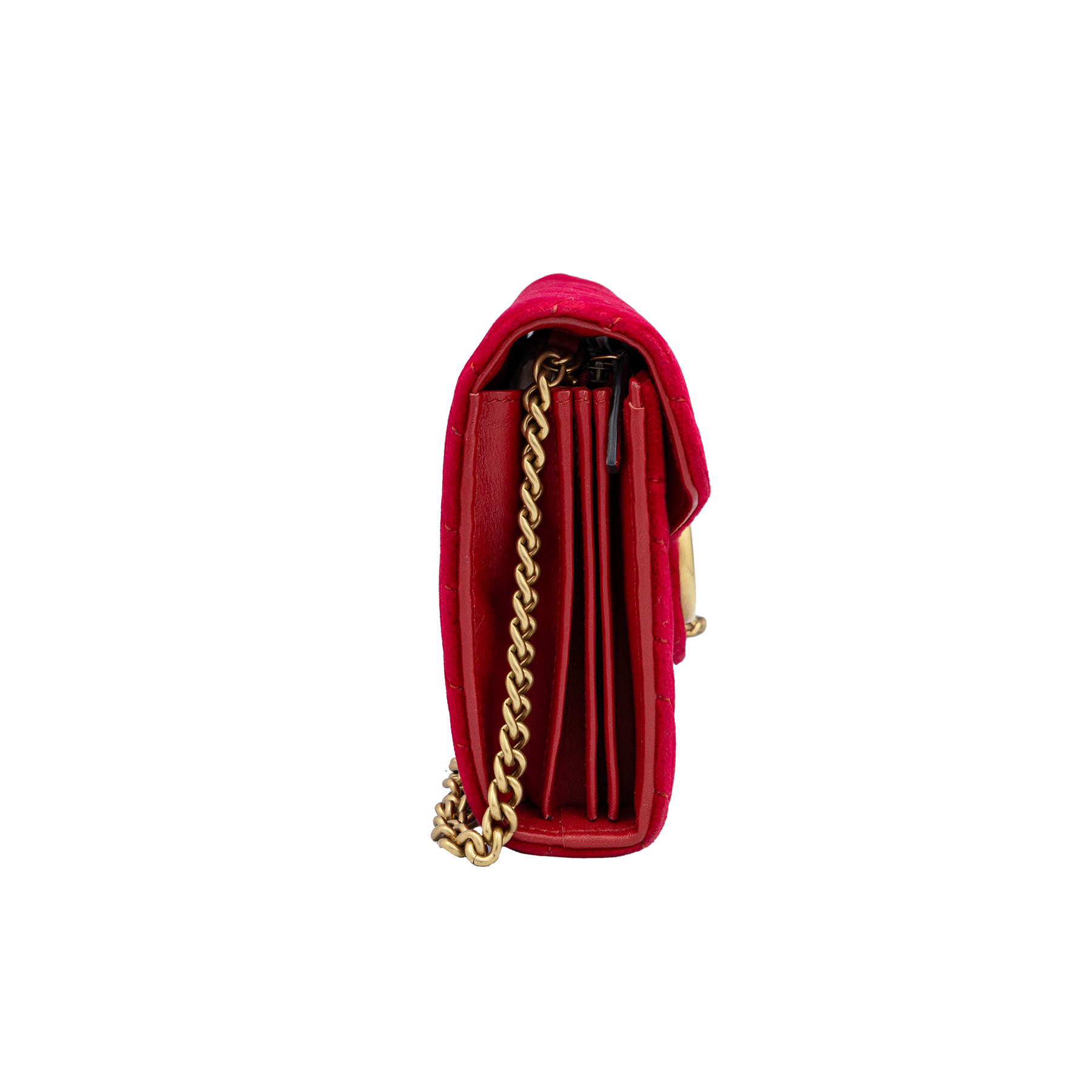 Gucci Red GG Marmont Velvet Matelassé Mini Chain Wallet 