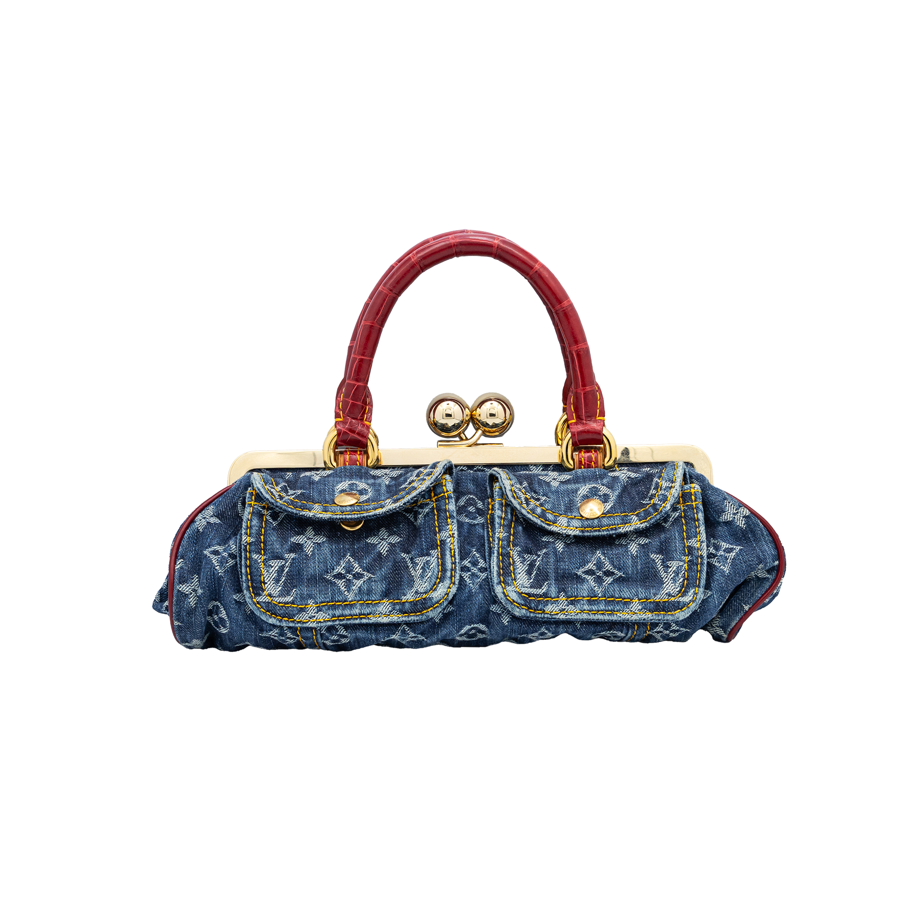 Louis Vuitton SAC Fermoir GM Blue/Red Monogram Denim & Alligator Bag 