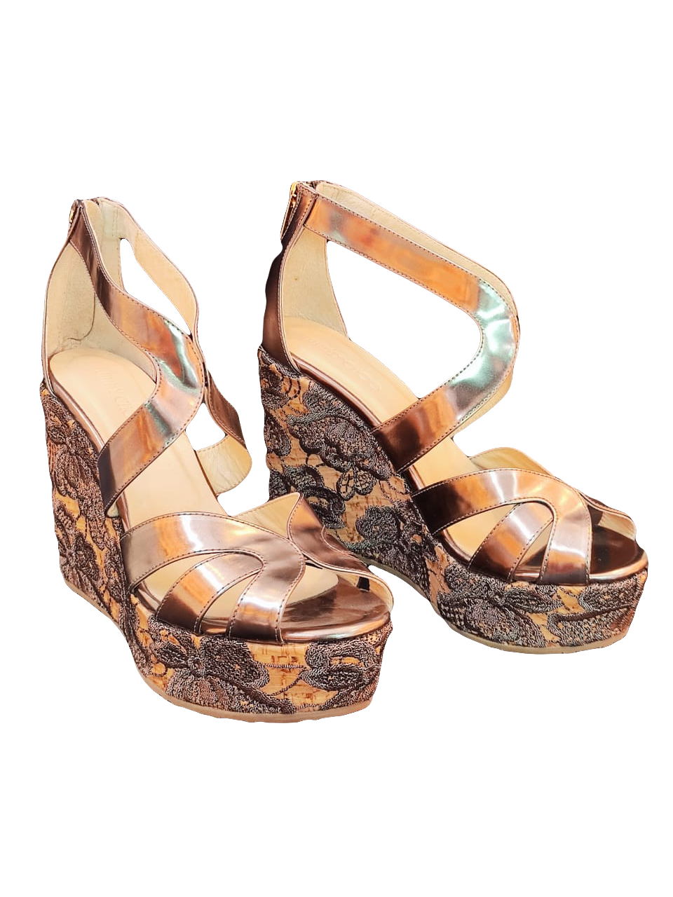 JIMMY CHOO METALLIC LEATHER CORK LACE DETAILS PARROW WEDGES SANDALS 37 My Store
