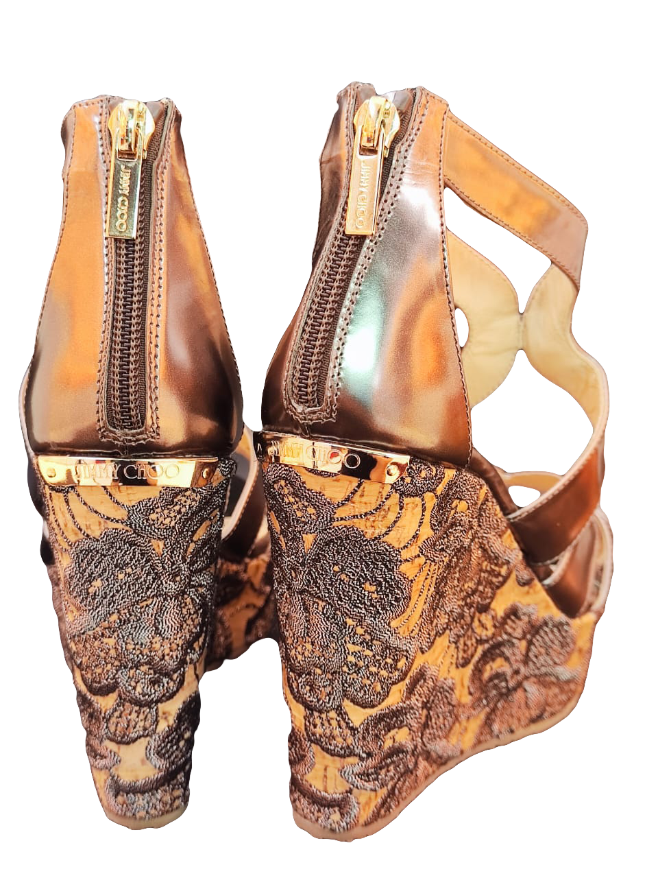 JIMMY CHOO METALLIC LEATHER CORK LACE DETAILS PARROW WEDGES SANDALS 37 My Store