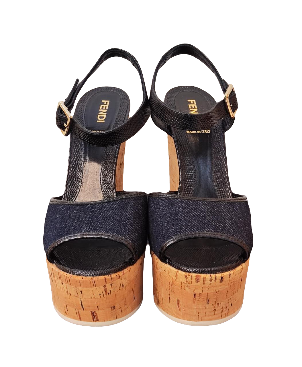 FENDI BLUE LEATHER AND DENIM CORK PLATFORM 37.5 My Store